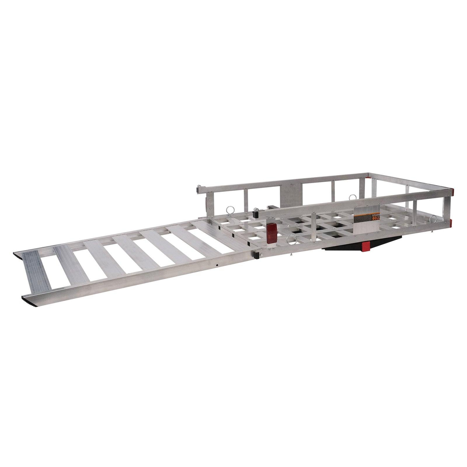 LUCKYERMORE 50"x 29.7" Hitch Mount Cargo Carrier Trailer Aluminum Utility Basket with 41.5" Folding Wheelchair Ramp, Silver