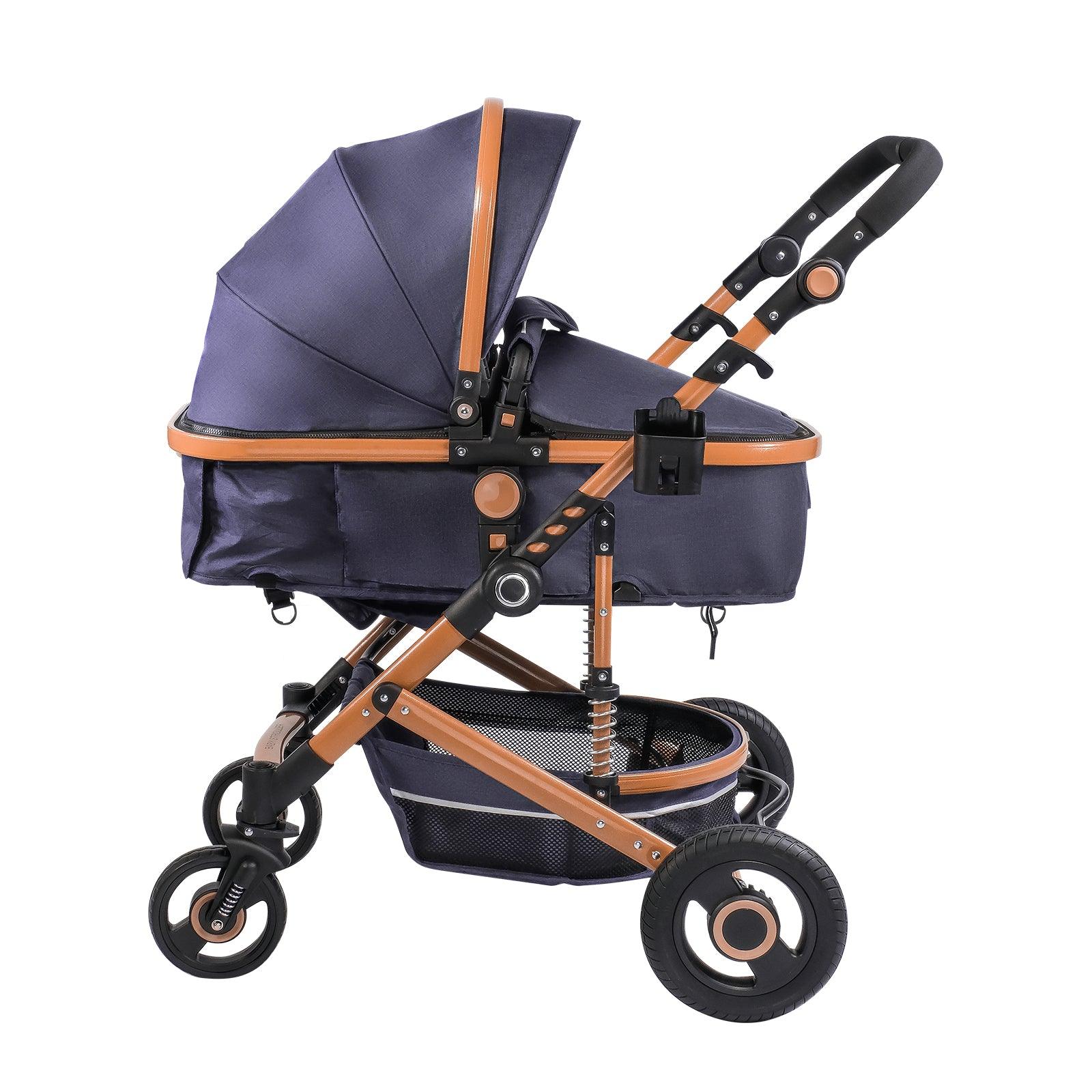 2 in 1 Baby Stroller Newborn Reversible Bassinet Pram Foldable Pushchair with Adjustable Canopy, Navy Blue - Luckyermore