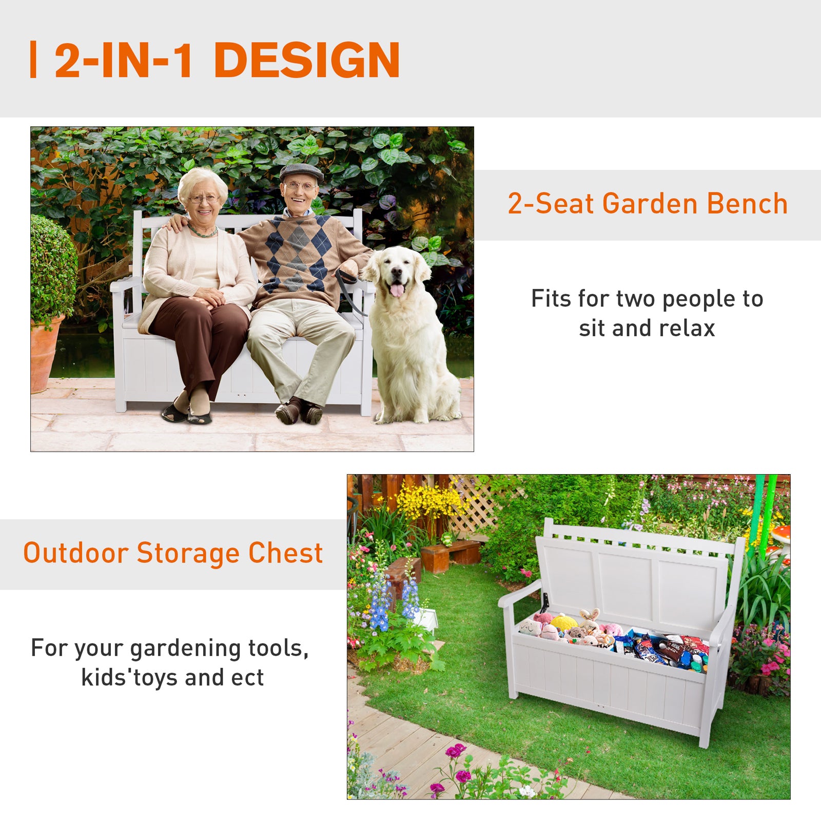 Outdoor Storage Bench Wooden Deck Box Bench Outdoor Seating with Back, White