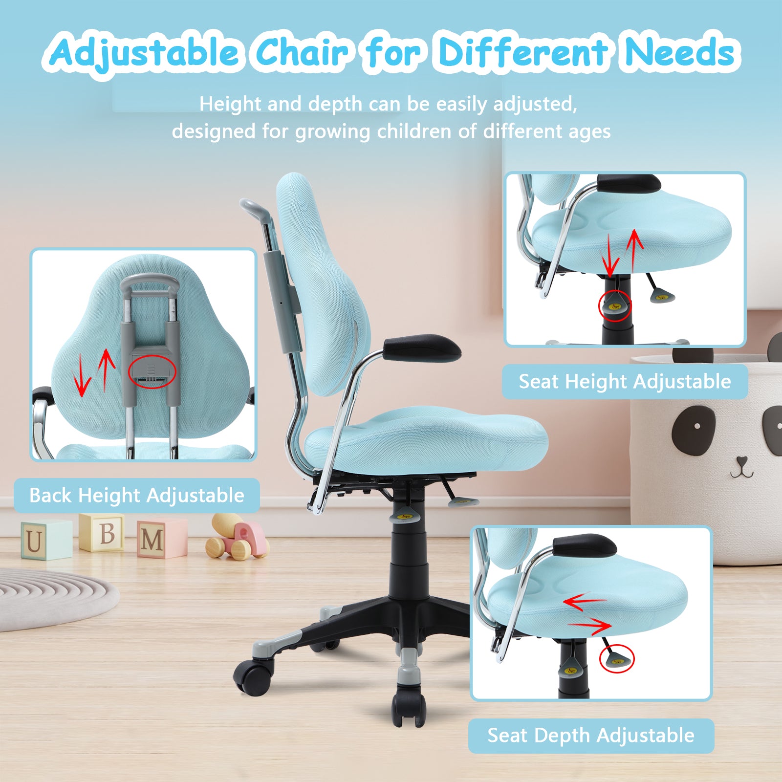 Ergonomic Kids Desk Chair Children Study Swivel Chair with Adjustable Height, Blue