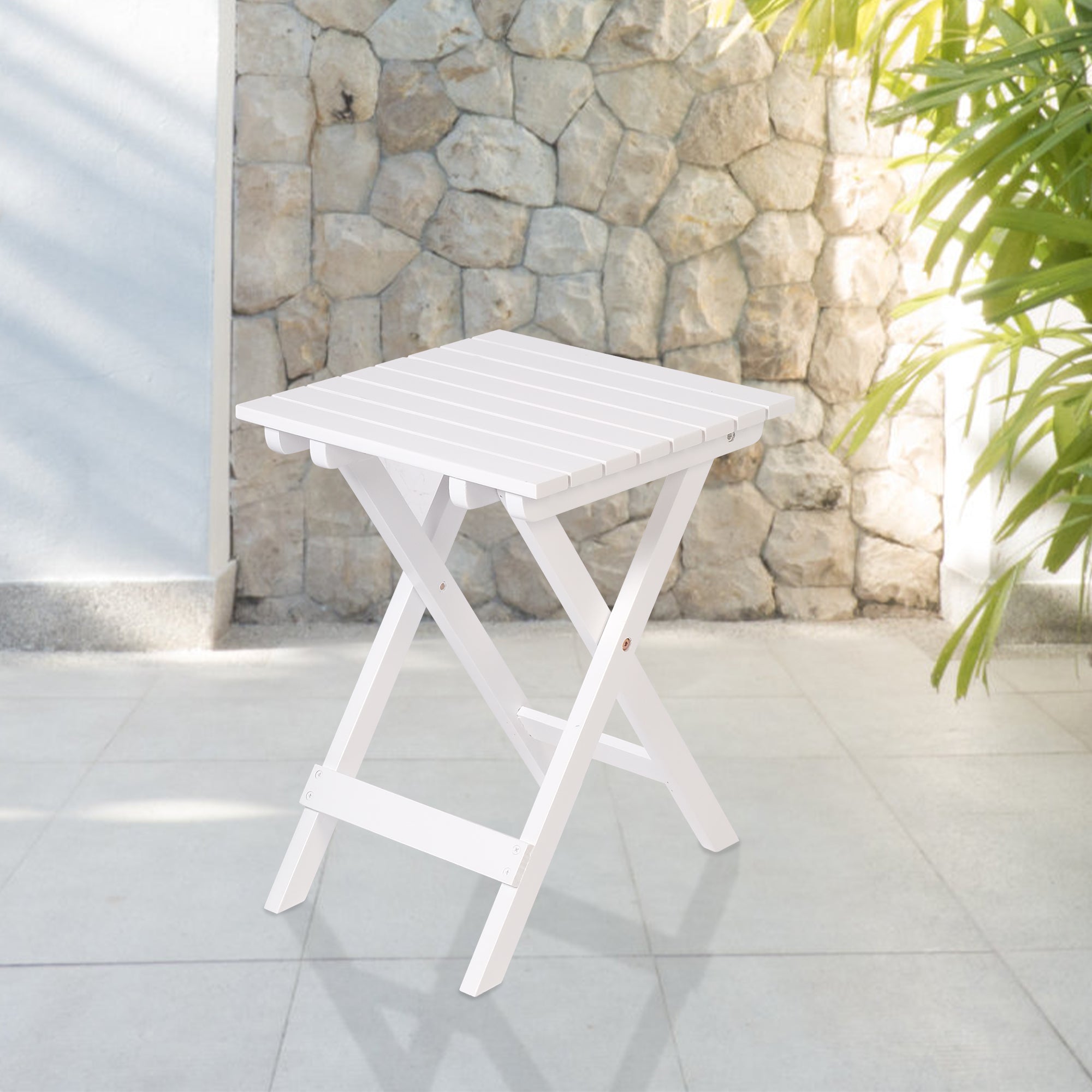13.7" Square Outdoor Patio Folding Side Table Wood Portable End Table, White