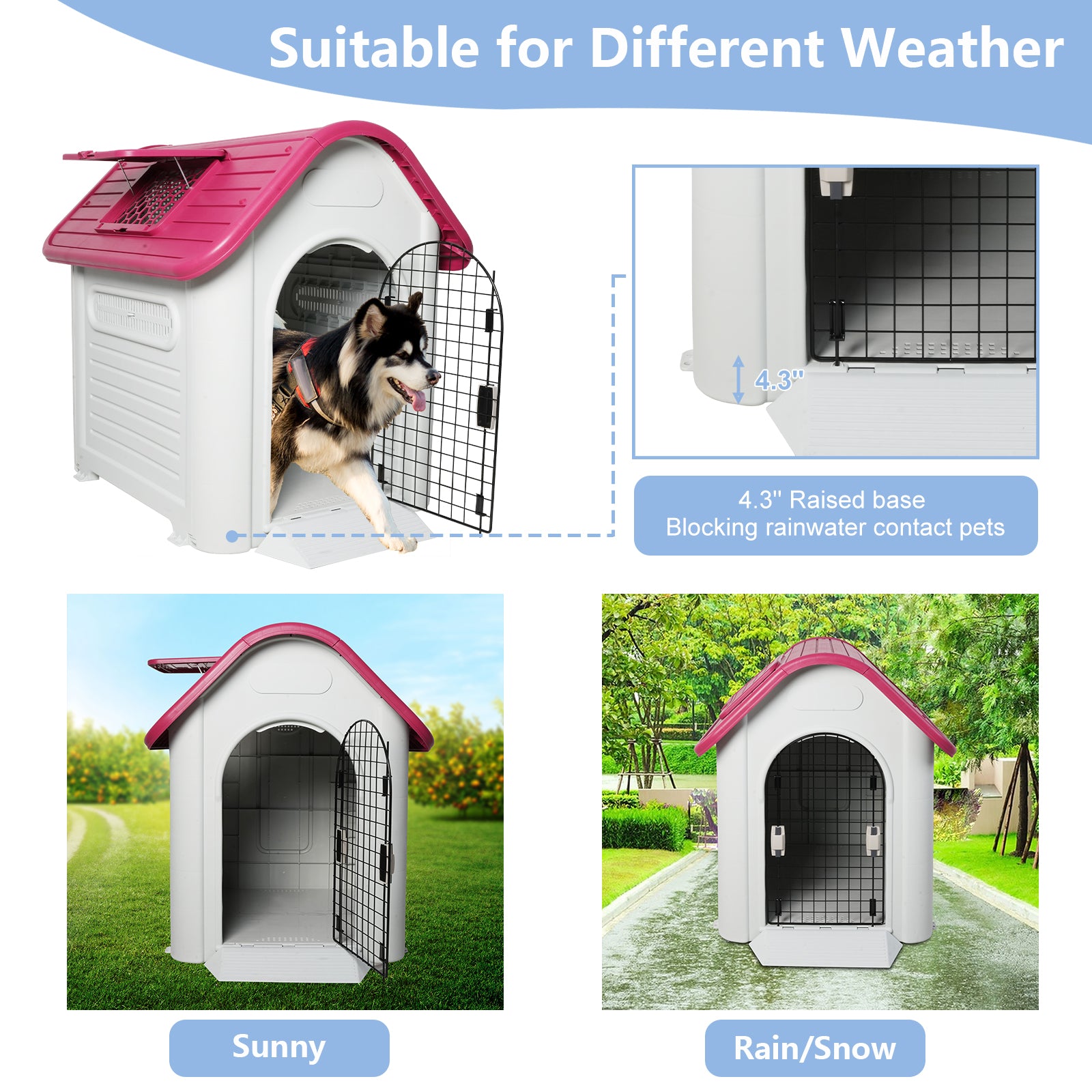 Outdoor Dog House Plastic Waterproof Kennel with Air Vents, 42"L x 33"W x 38"H, Red Roof
