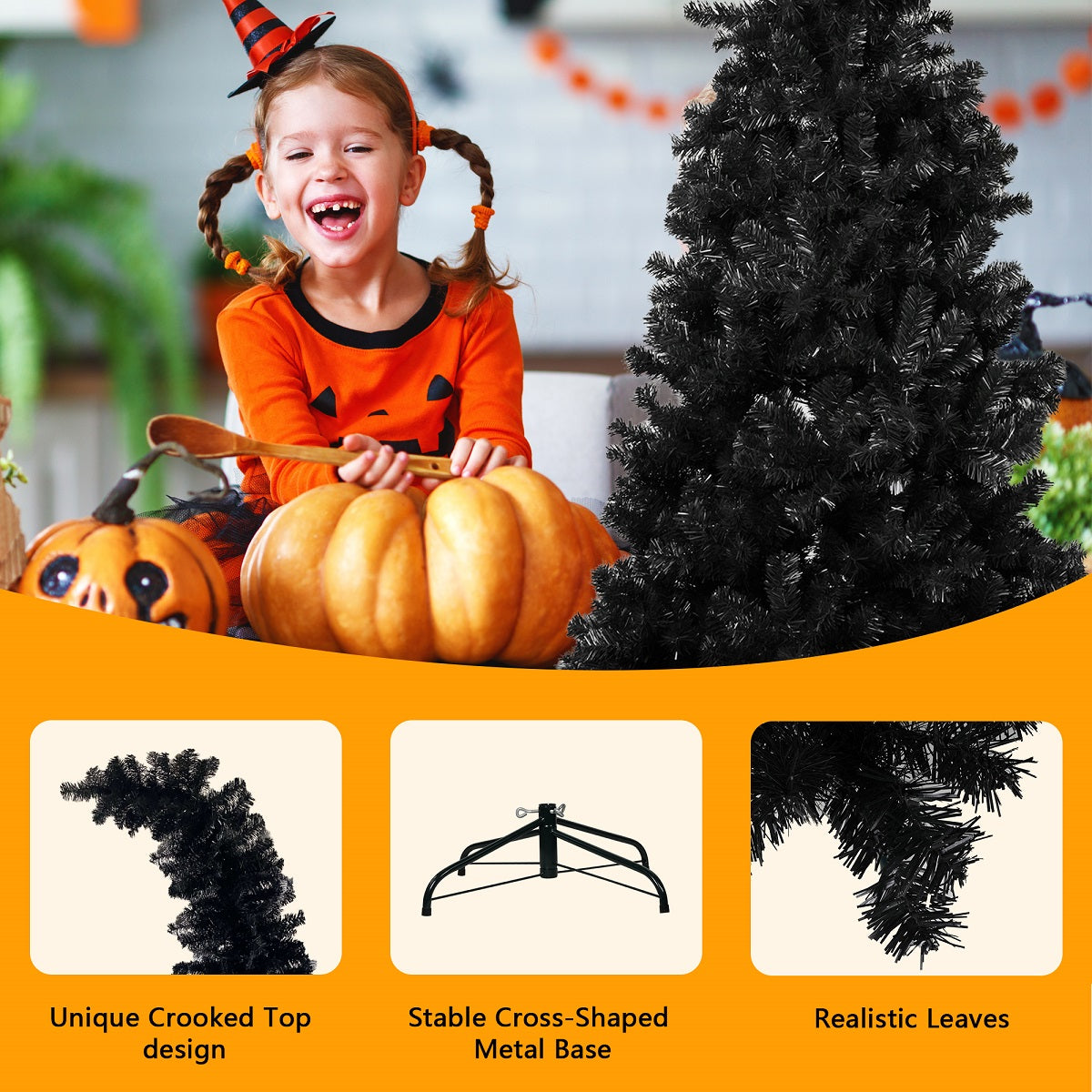 6.9ft Black Artificial Christmas Tree Xmas Halloween Tree with Crooked Top 1050 Branch Tips