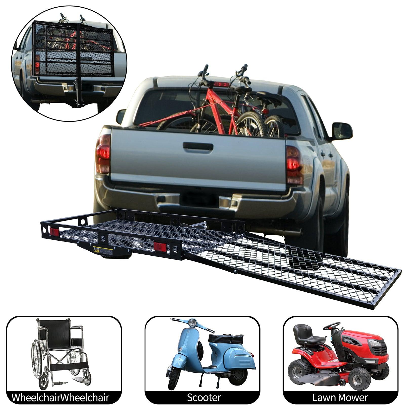 LUCKYERMORE 48.8"x 27.8" Hitch Mount Cargo Carrier Trailer Utility Basket with 42" Folding Wheelchair Ramp, Black