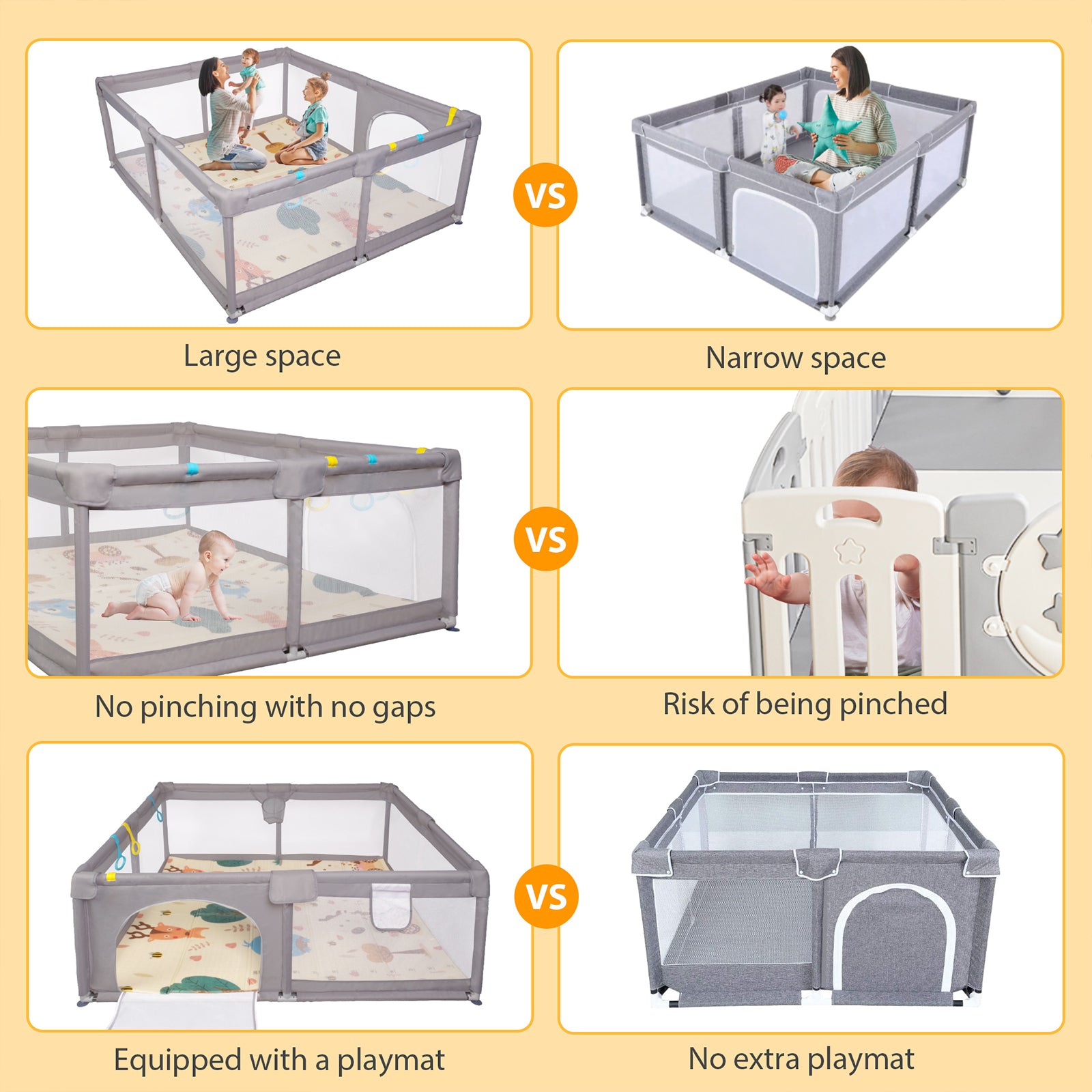 Baby Playpen with Mat Portable Play Pens Baby Play Yards with Breathable Mesh, Gray