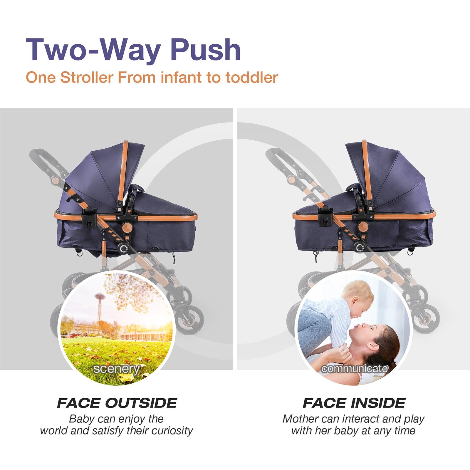 2 in 1 Baby Stroller Newborn Reversible Bassinet Pram Foldable Pushchair with Adjustable Canopy, Navy Blue - Luckyermore