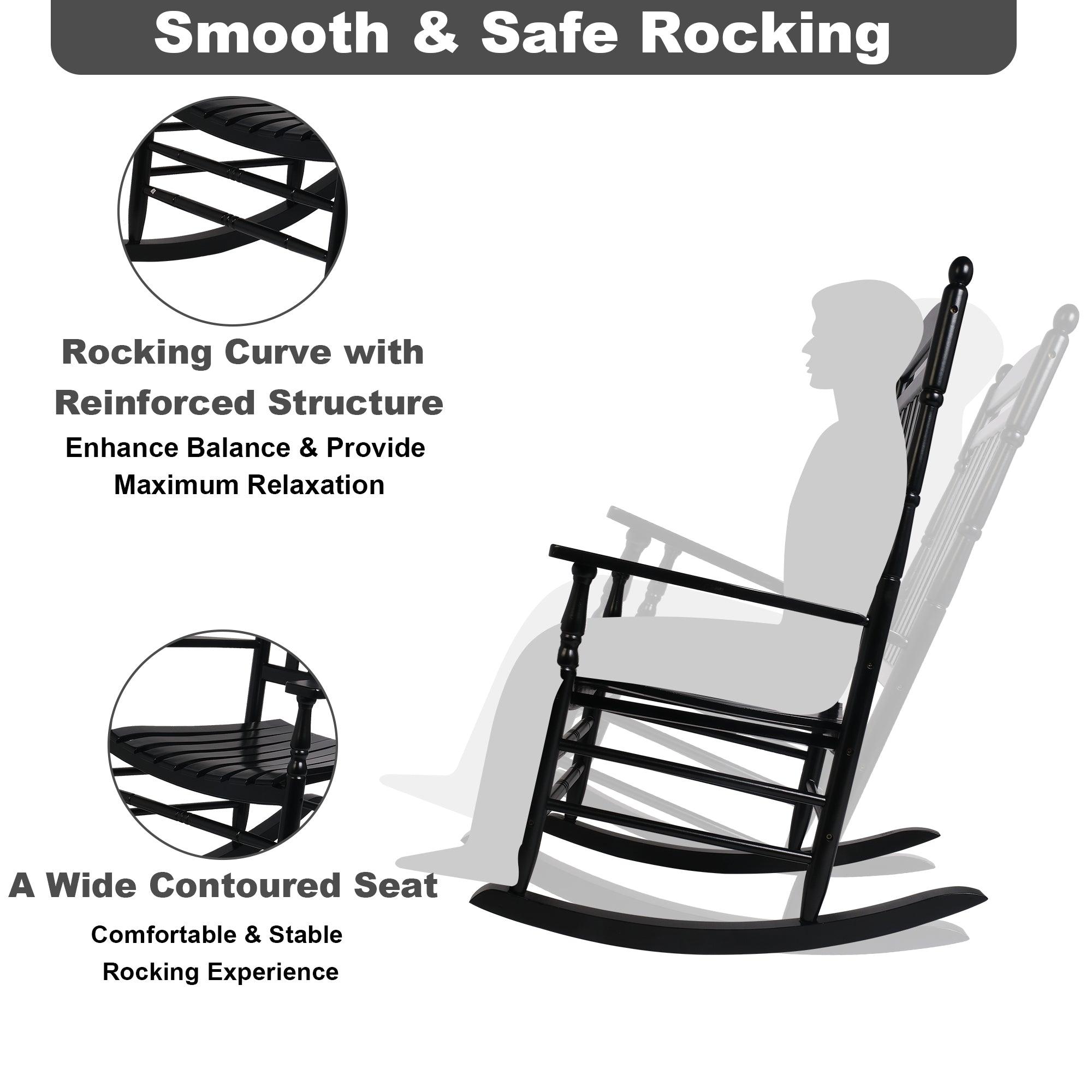LUCKYERMORE Set of 2 Outdoor Rocking Chairs Wooden High Back Rocker with Armrest for Garden Patio, Black
