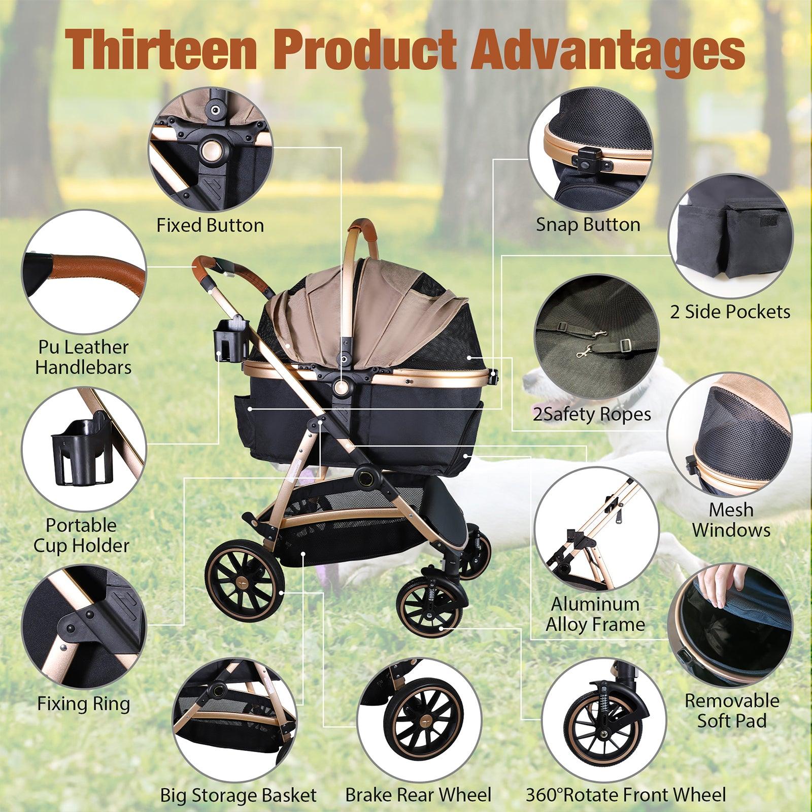 LUCKYERMORE 3 in 1 Travel Dog Stroller Pet Carrier with Detachable Carrier & Adjustable Handle, Gold