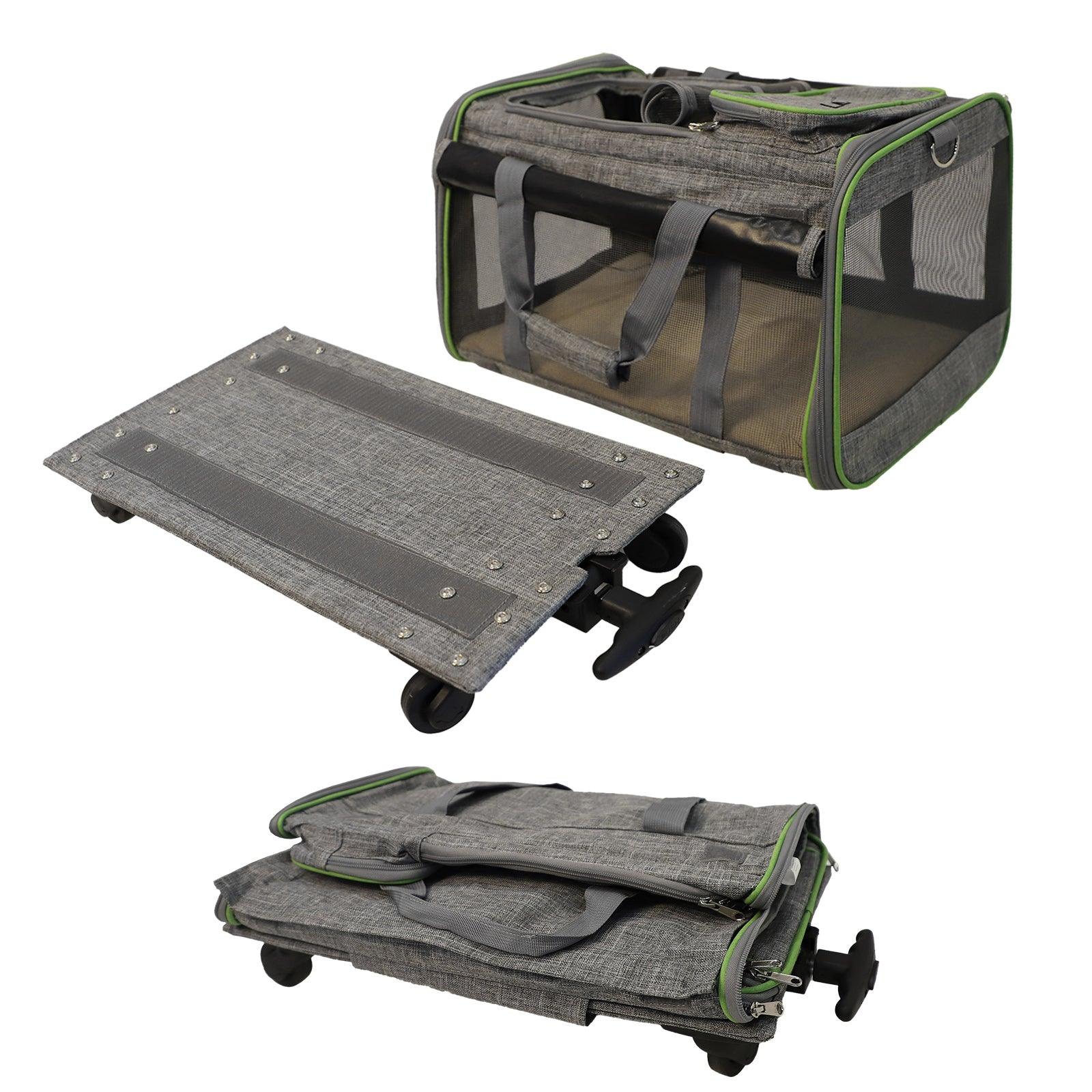 Folding Pet Carrier with Wheels Dog Cat Travel Carrier with Telescopic Handle, Gray - Luckyermore