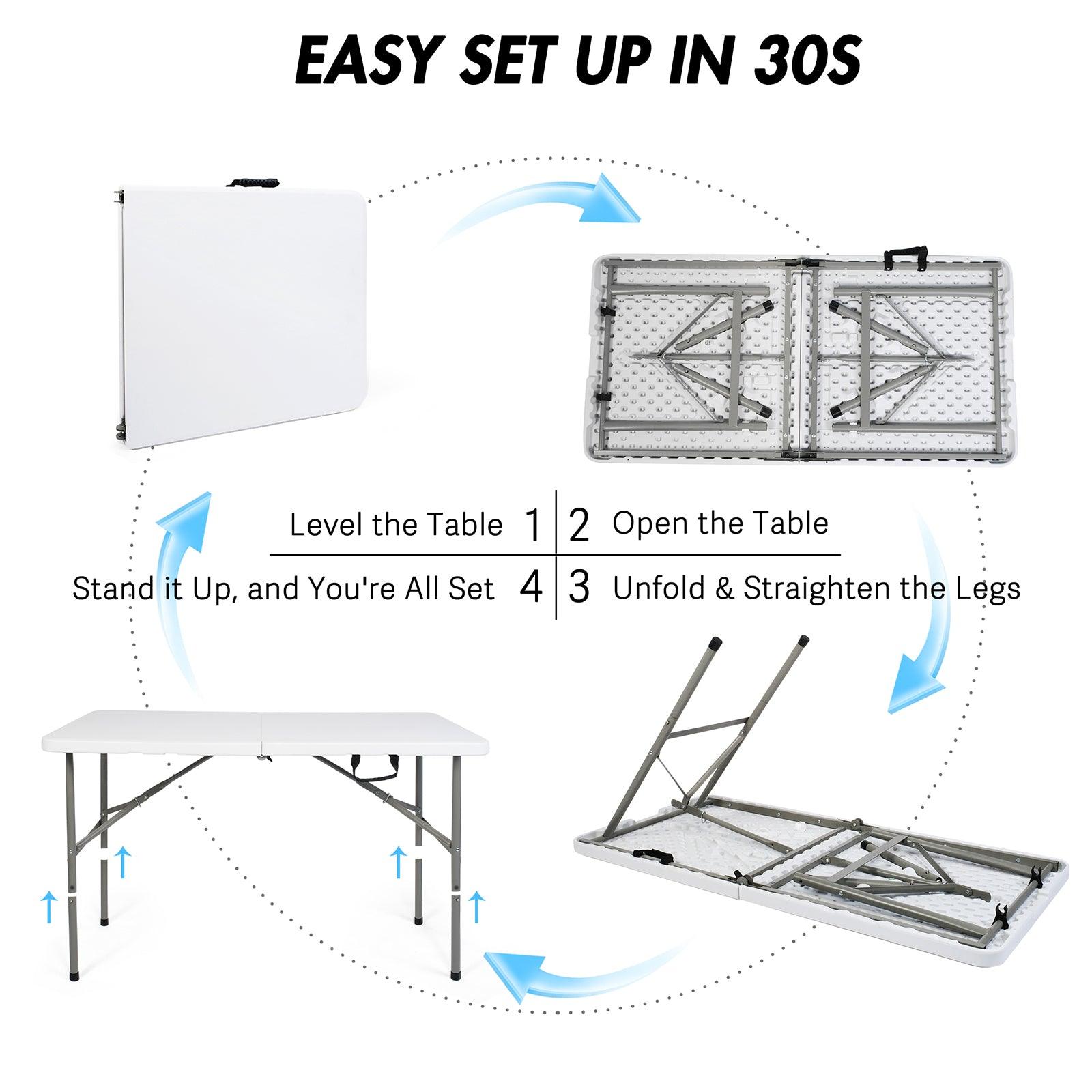 LUCKYERMORE 4ft Portable Folding Plastic Table for 4-6 Picnic Dining Table 48" with Carry Handle, White