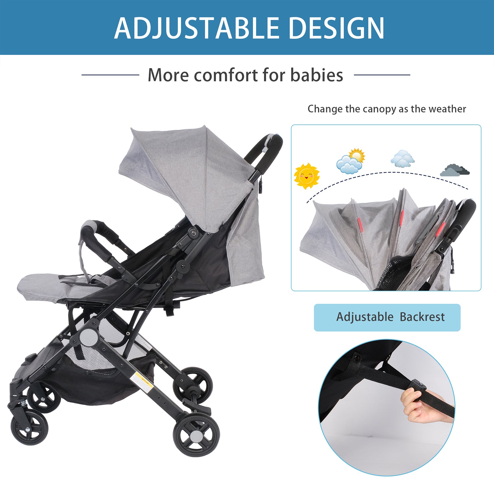 Lightweight Foldable Baby Stroller One-Hand Fold Pushchair with Adjustable Backrest, Gray
