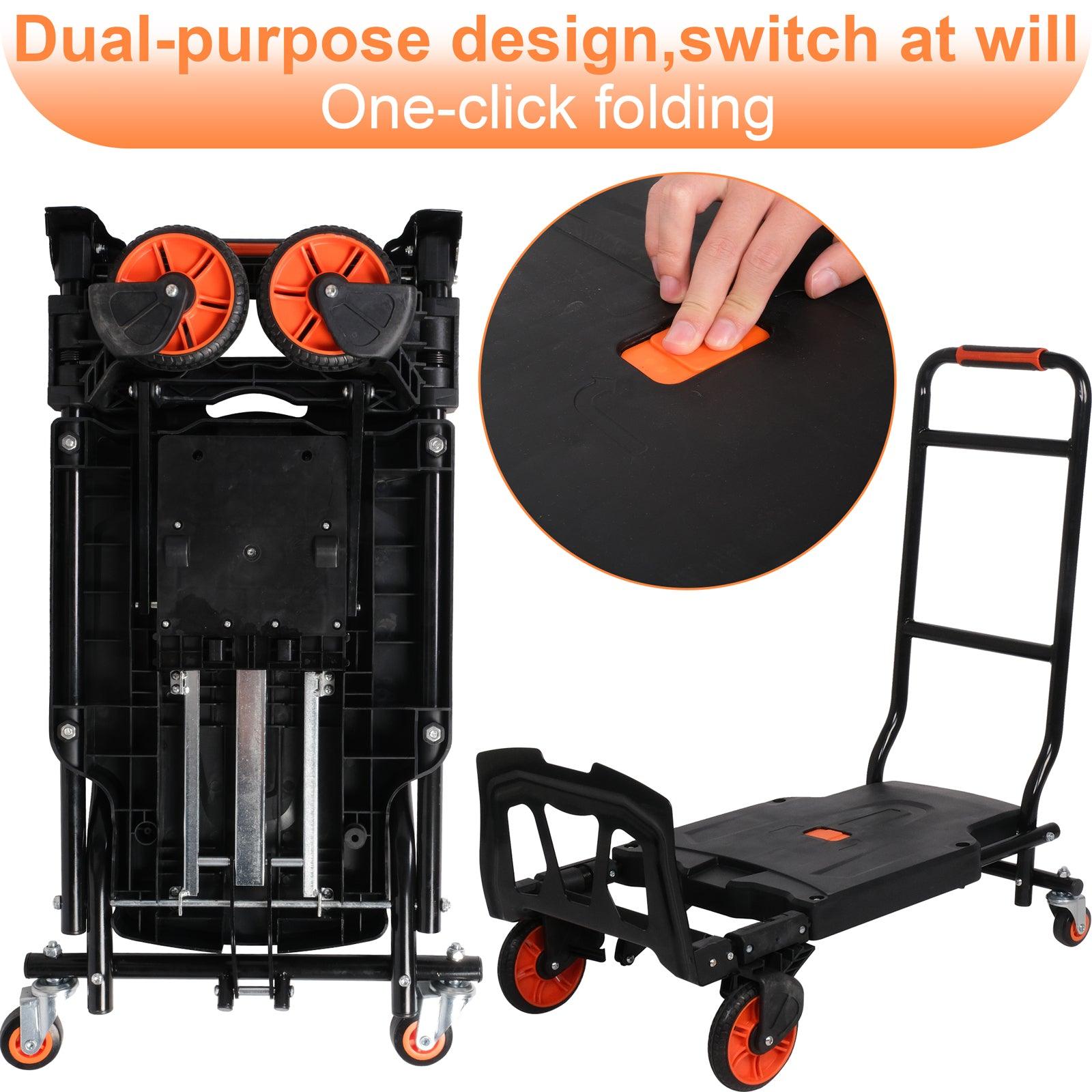 2 in 1 One-Button Folding Hand Truck Folding Portable Flatbed Dolly Cart with Secure Cord, 330lbs Capacity - Luckyermore