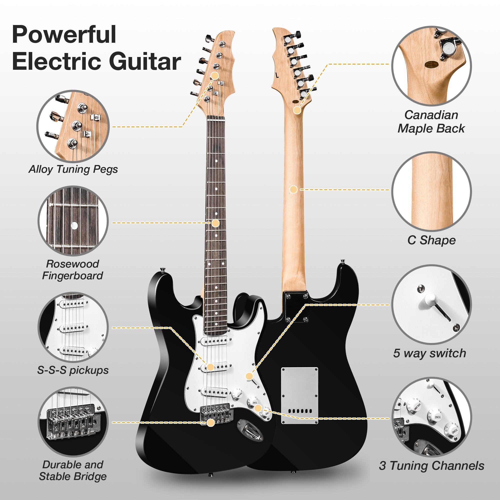 39.5" Full Size Electric Guitar for Beginners with Amplifier, Black and White - Luckyermore