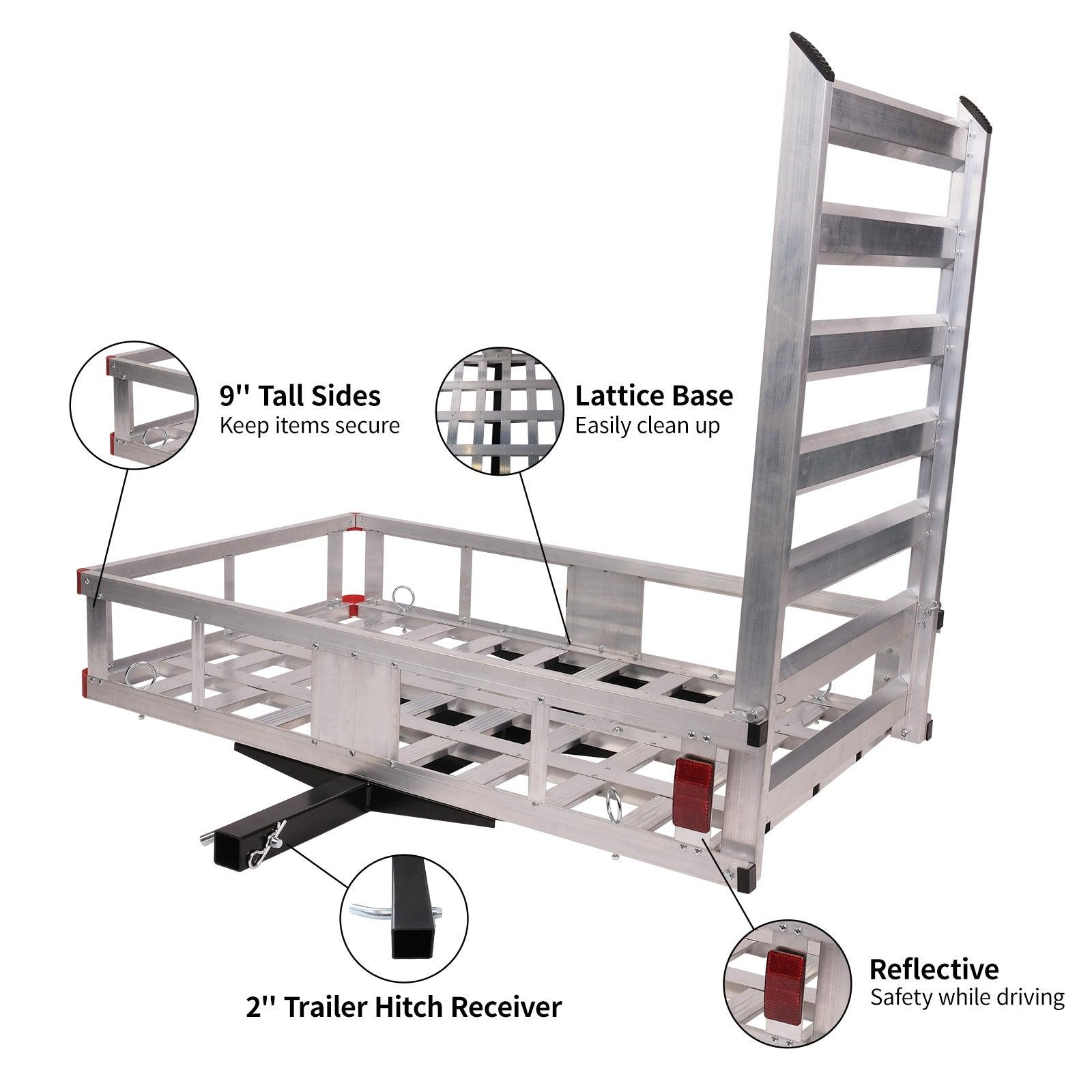 LUCKYERMORE 50"x 29.7" Hitch Mount Cargo Carrier Trailer Aluminum Utility Basket with 41.5" Folding Wheelchair Ramp, Silver