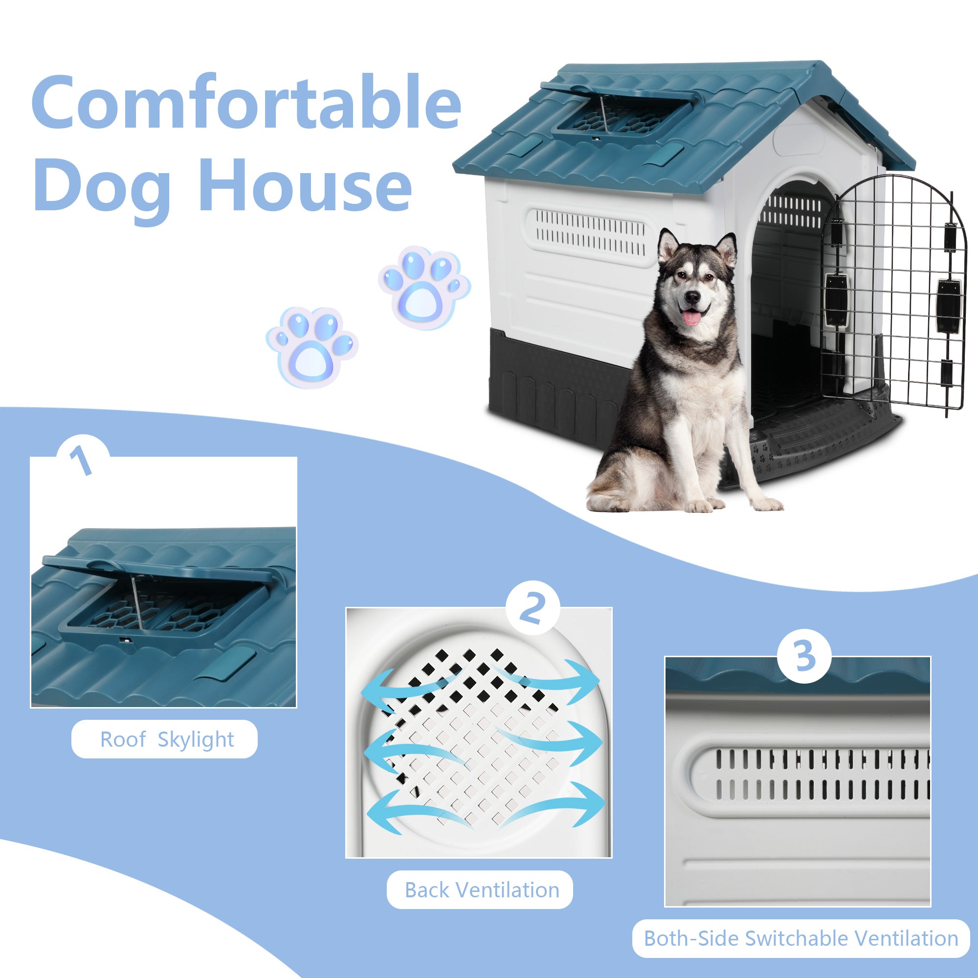 Outdoor Large Dog House Plastic Waterproof Kennel with Air Vents, 42.9"L x 40.5"W x 46.4"H, Blue Roof