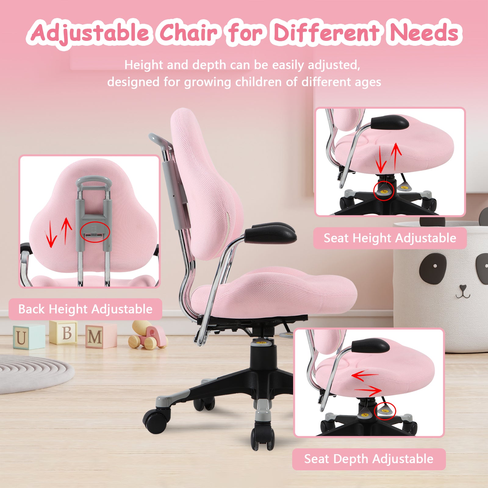 Ergonomic Kids Desk Chair Children Study Swivel Chair with Adjustable Height, Pink