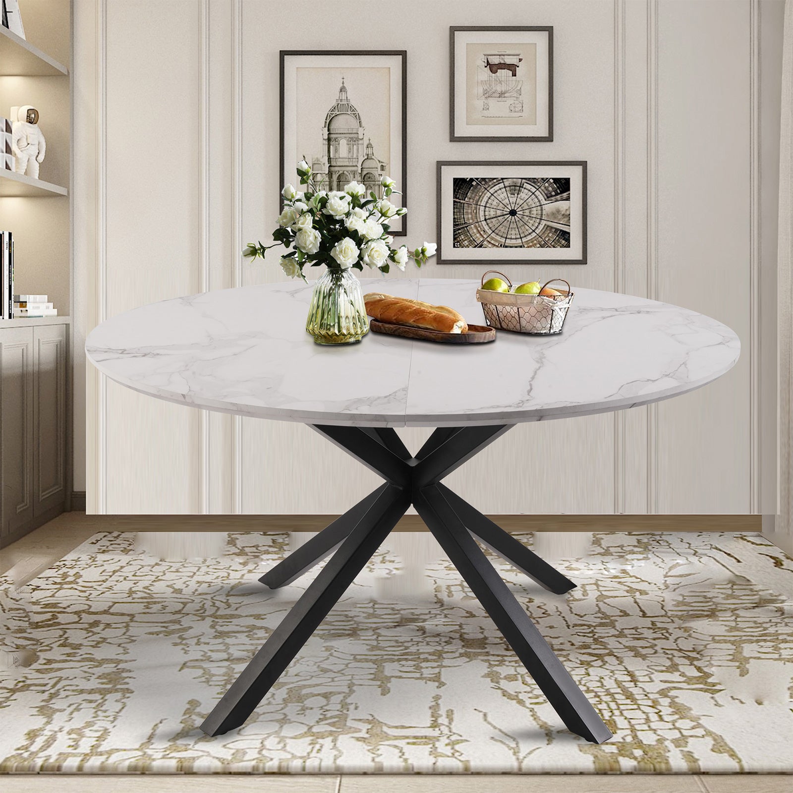 53" Round Mid-Century Modern Wooden Kitchen Dining Table for 4-6 with Solid Metal Leg, Marble Texture
