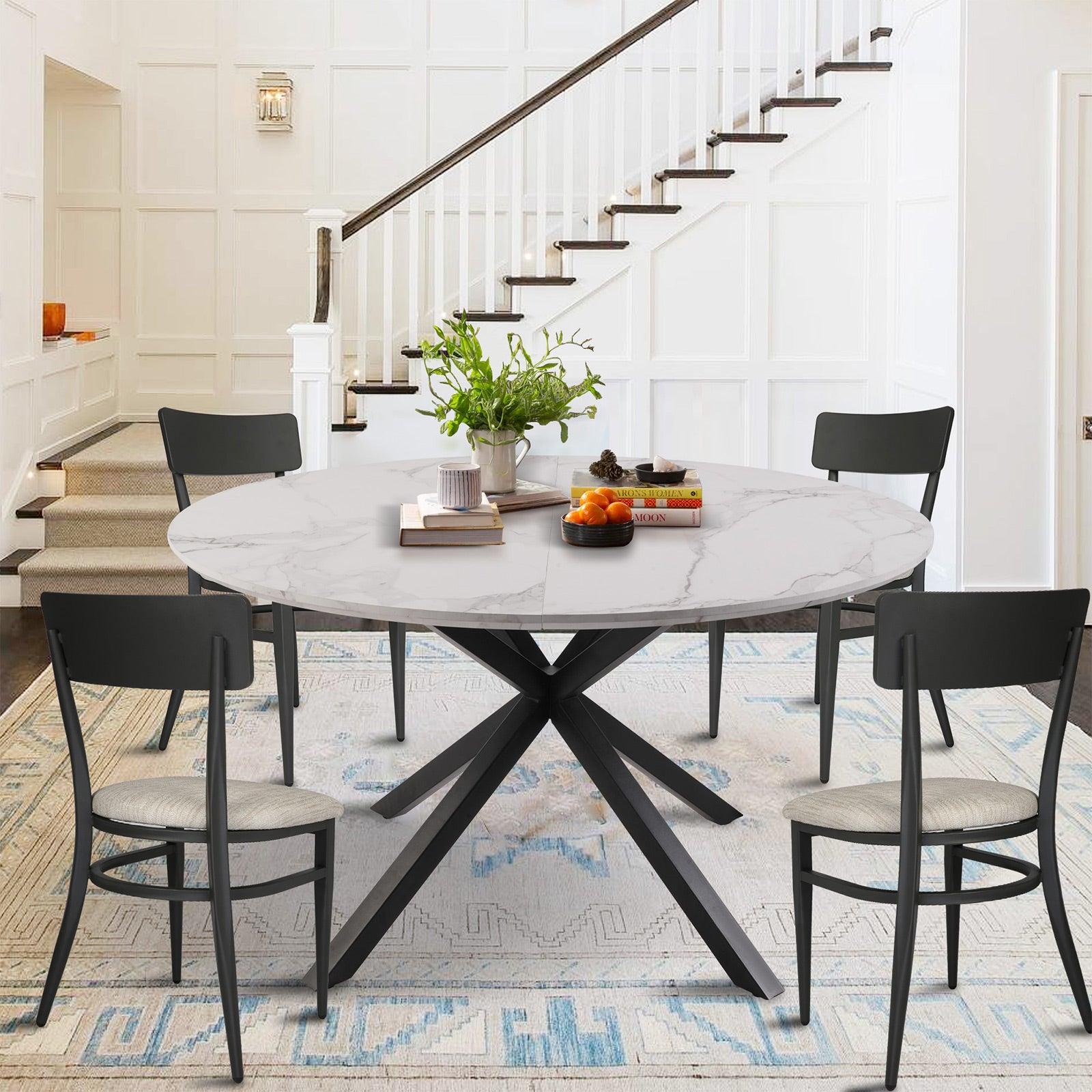 53" Round Mid-Century Modern Wooden Kitchen Dining Table for 4-6 with Solid Metal Leg, Marble Texture