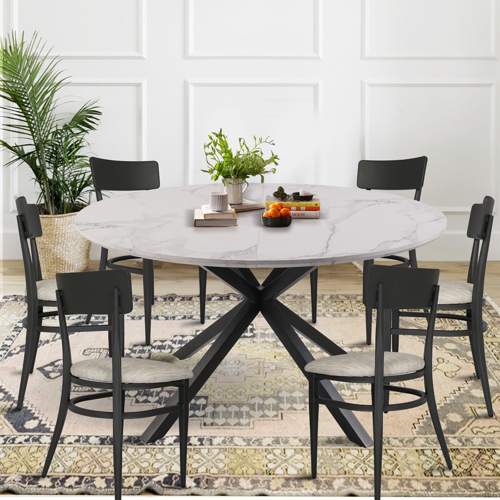 53" Round Mid-Century Modern Wooden Kitchen Dining Table for 4-6 with Solid Metal Leg, Marble Texture