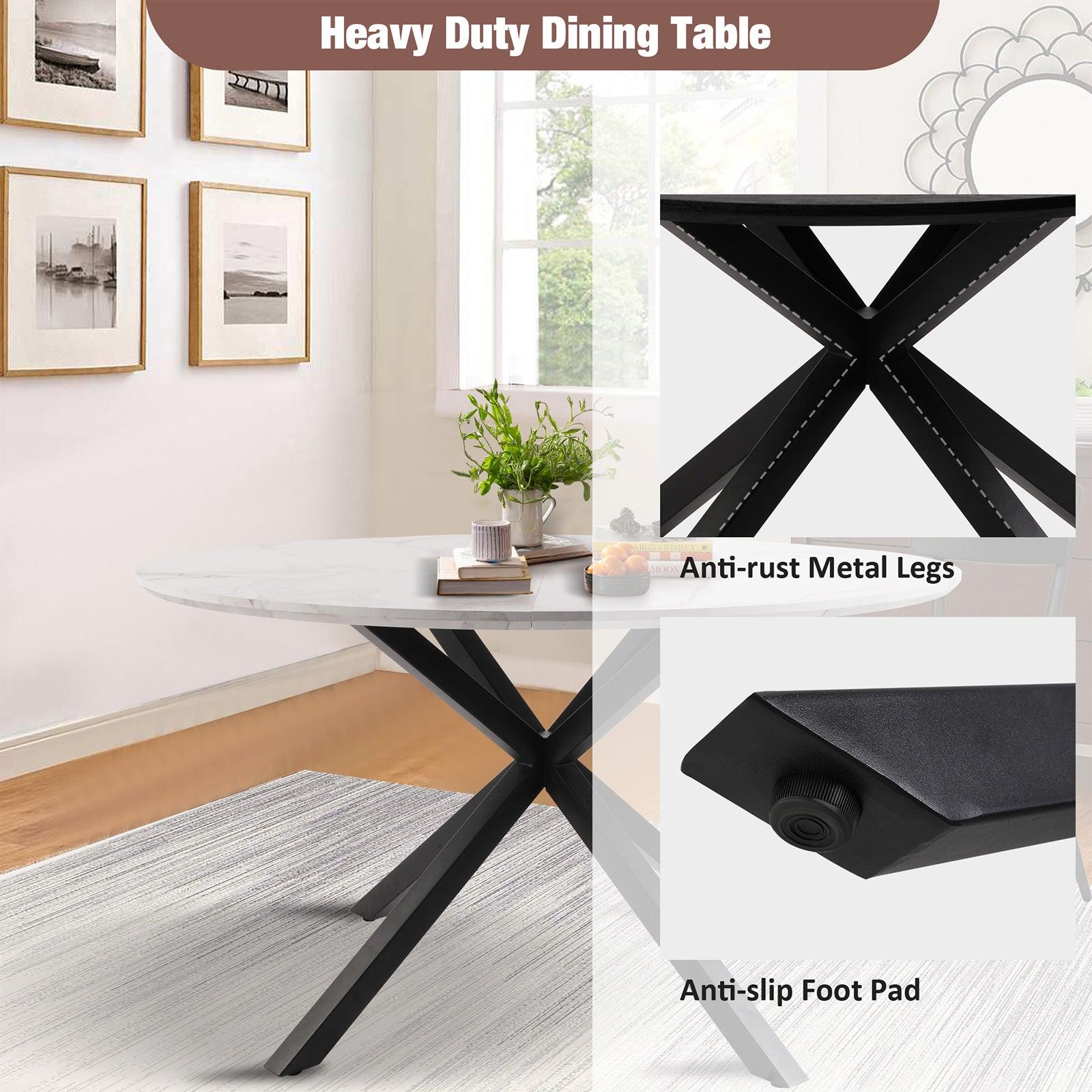 LUCKYERMORE 53" Round Mid-Century Modern Wooden Kitchen Dining Table for 4-6 with Solid Metal Leg, Marble Texture