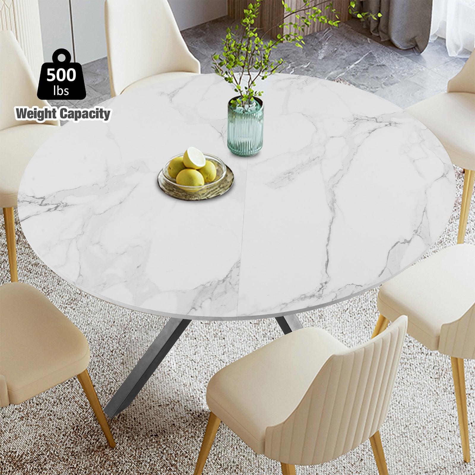 LUCKYERMORE 53" Round Mid-Century Modern Wooden Kitchen Dining Table for 4-6 with Solid Metal Leg, Marble Texture