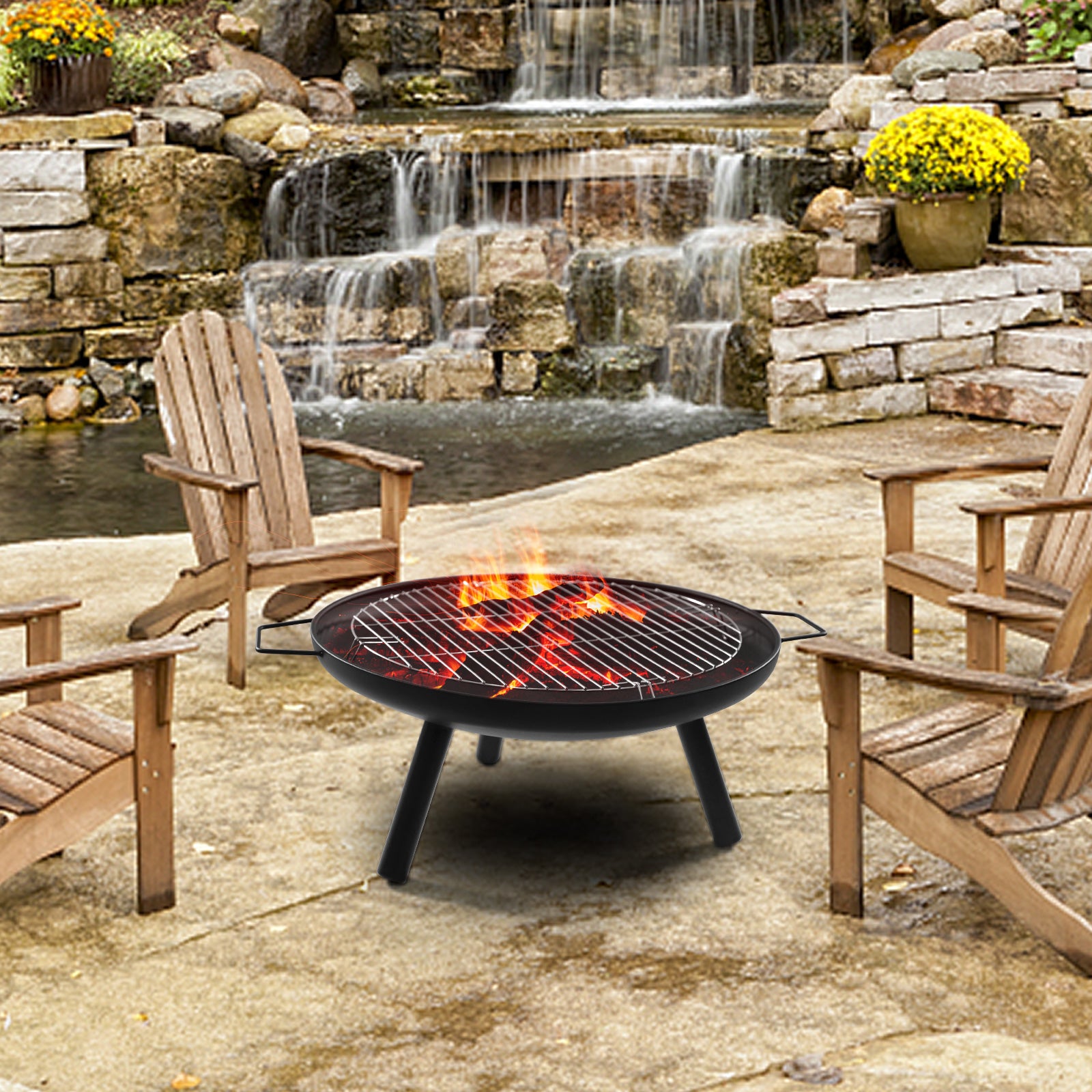 23" Outdoor Patio Round Wood Burning Fire Pit Bowl with Grill and Poker
