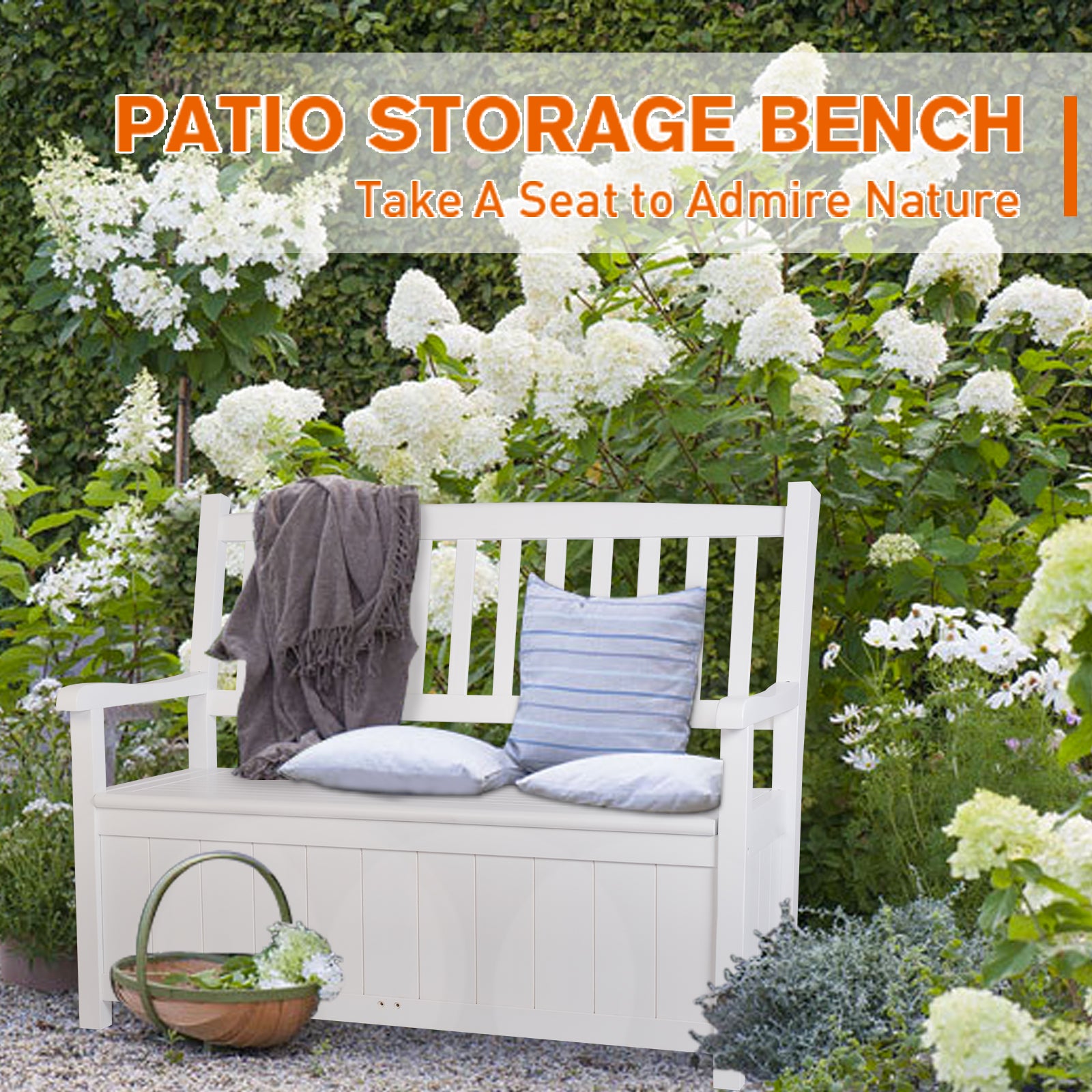 Outdoor Storage Bench Wooden Deck Box Bench Outdoor Seating with Back, White