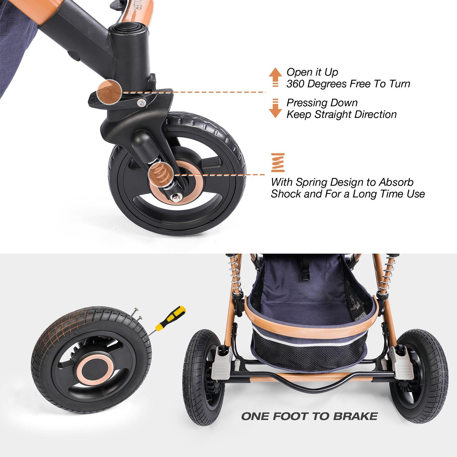 2 in 1 Baby Stroller Newborn Reversible Bassinet Pram Foldable Pushchair with Adjustable Canopy, Navy Blue - Luckyermore