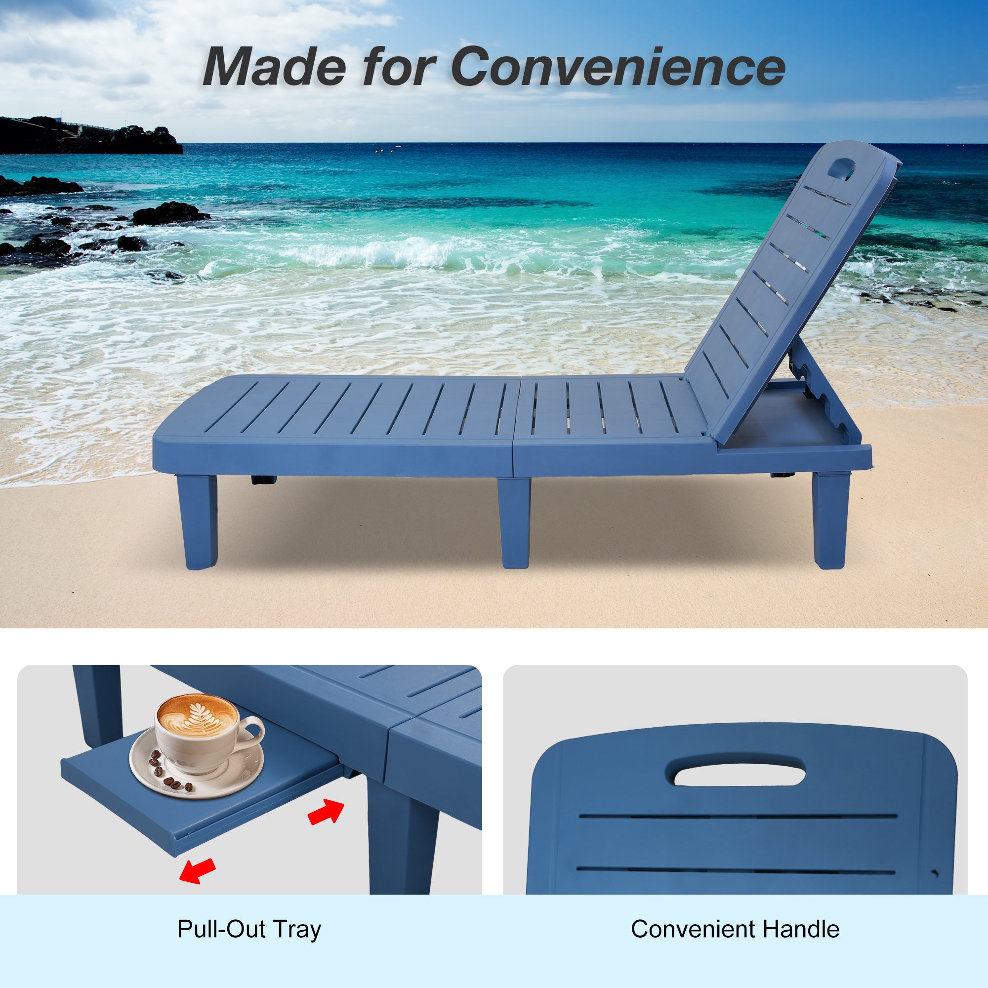 74.4" Outdoor Chaise Lounge Patio Pool Lounge Chairs with 4 Level Adjustable Backrest, Blue