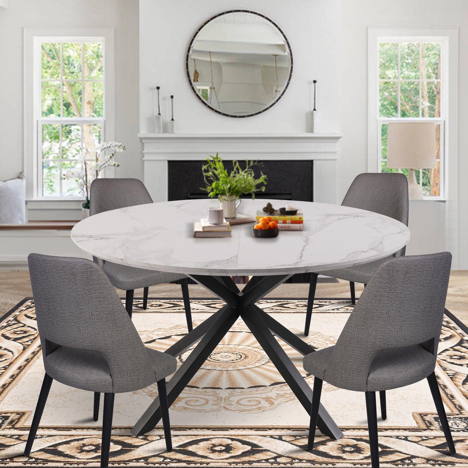 53" Round Mid-Century Modern Wooden Kitchen Dining Table for 4-6 with Solid Metal Leg, Marble Texture