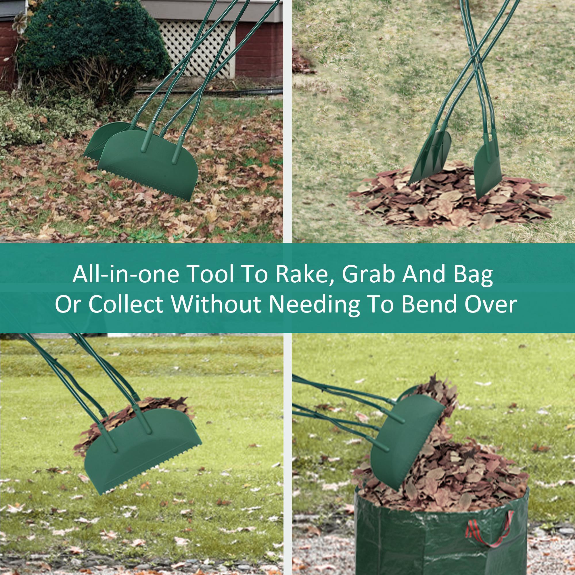 Metal Leaf Rake Set, Comes with Large Leaf Scoop, 2 Garden Bags, 1 Pair of Work Gloves, Leaf Clean-Up Tool - Luckyermore
