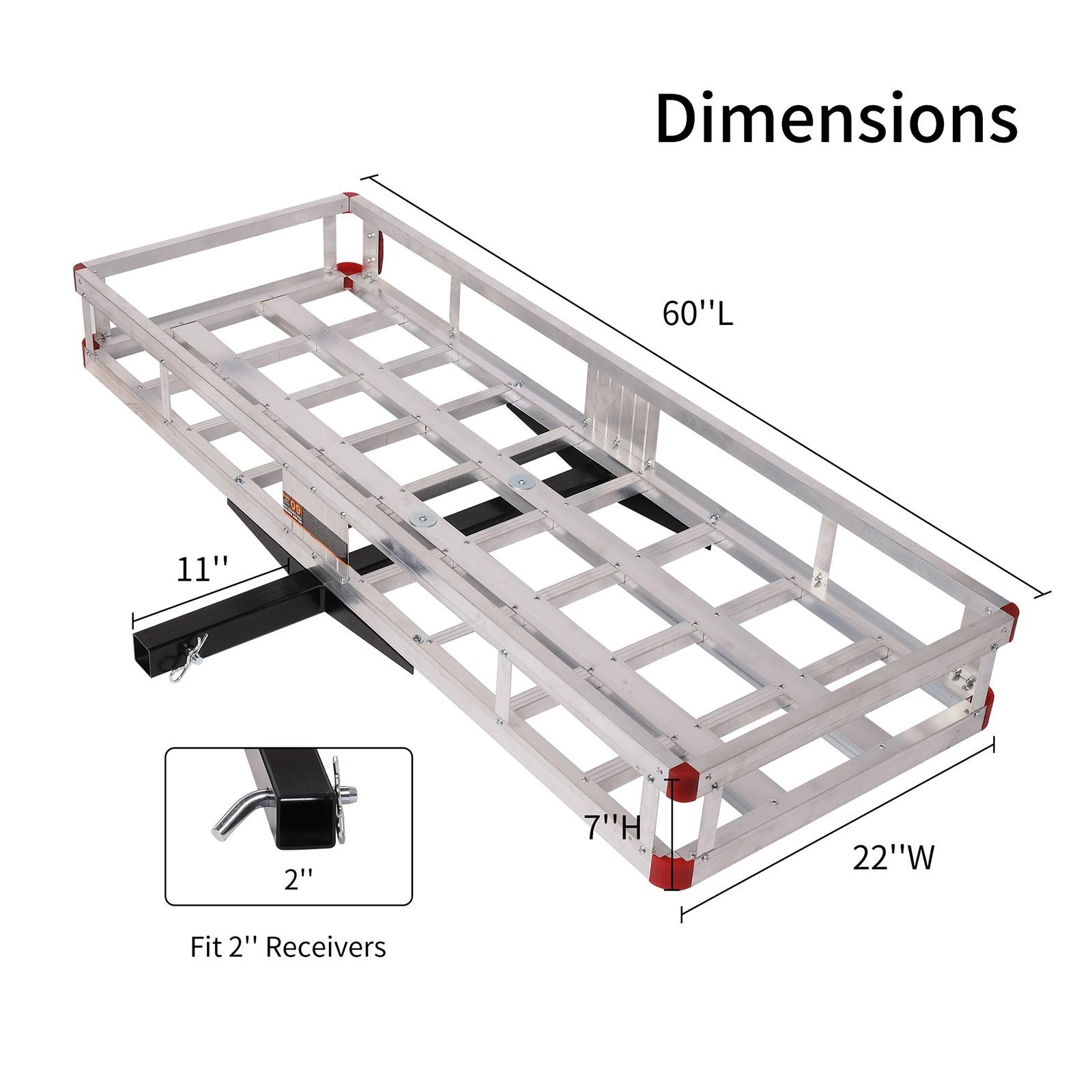 LUCKYERMORE 60"x 22"x 7" Hitch Mount Aluminum Cargo Carrier Basket Folding Cargo Rack with 2" Receiver, Silver
