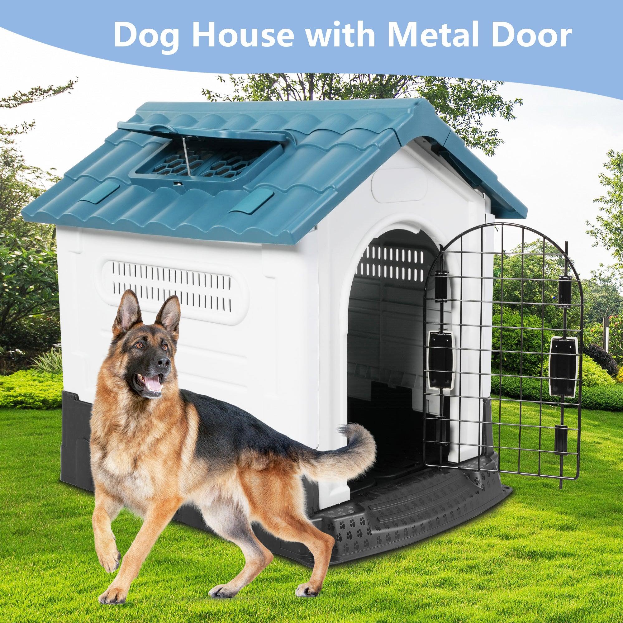 Outdoor Large Dog House Plastic Waterproof Kennel with Air Vents, 42.9"L x 40.5"W x 46.4"H, Blue Roof - Luckyermore