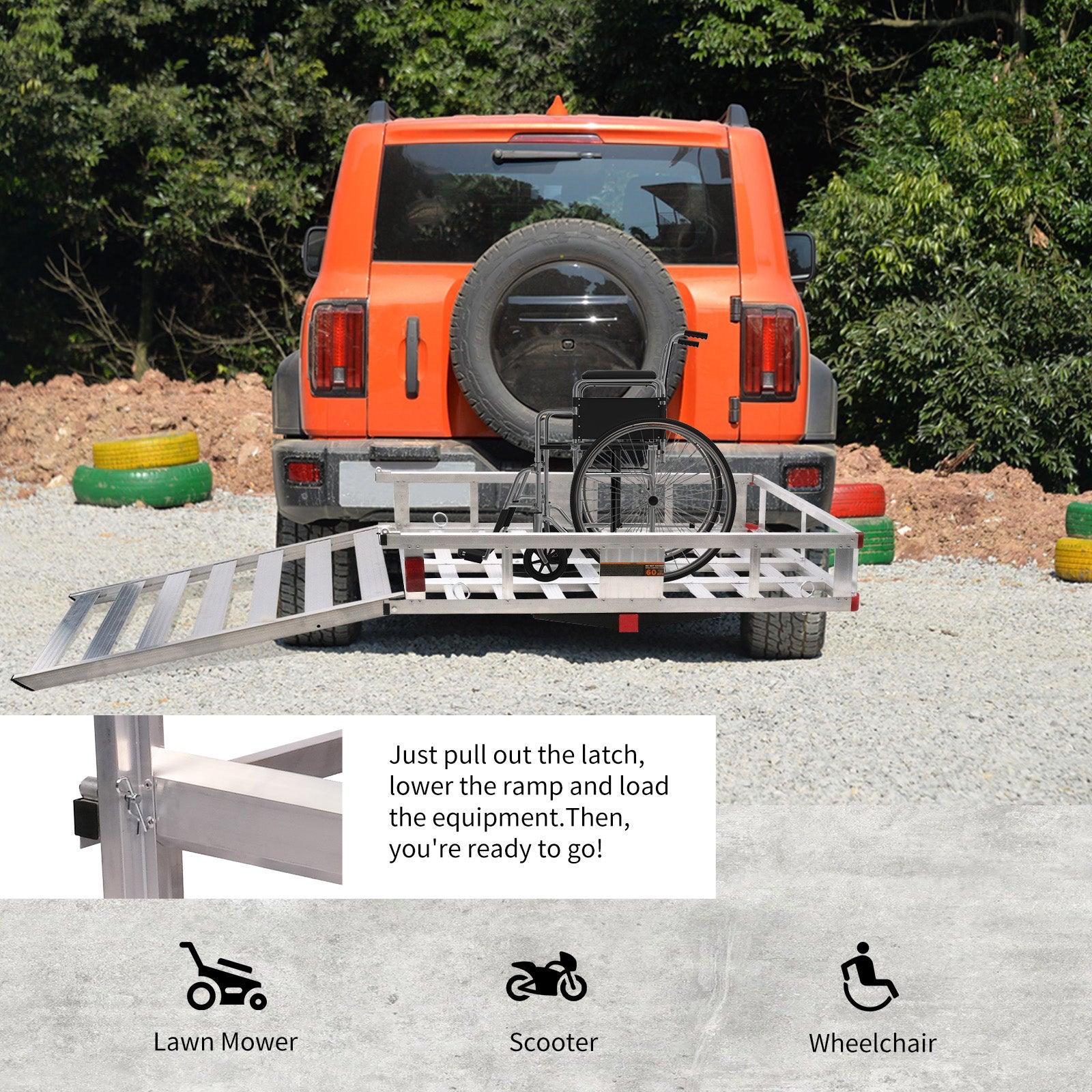 LUCKYERMORE 50"x 29.7" Hitch Mount Cargo Carrier Trailer Aluminum Utility Basket with 41.5" Folding Wheelchair Ramp, Silver