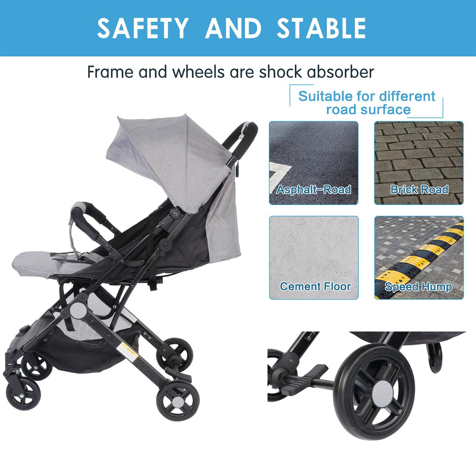 Lightweight Foldable Baby Stroller One-Hand Fold Pushchair with Adjustable Backrest, Gray - Luckyermore