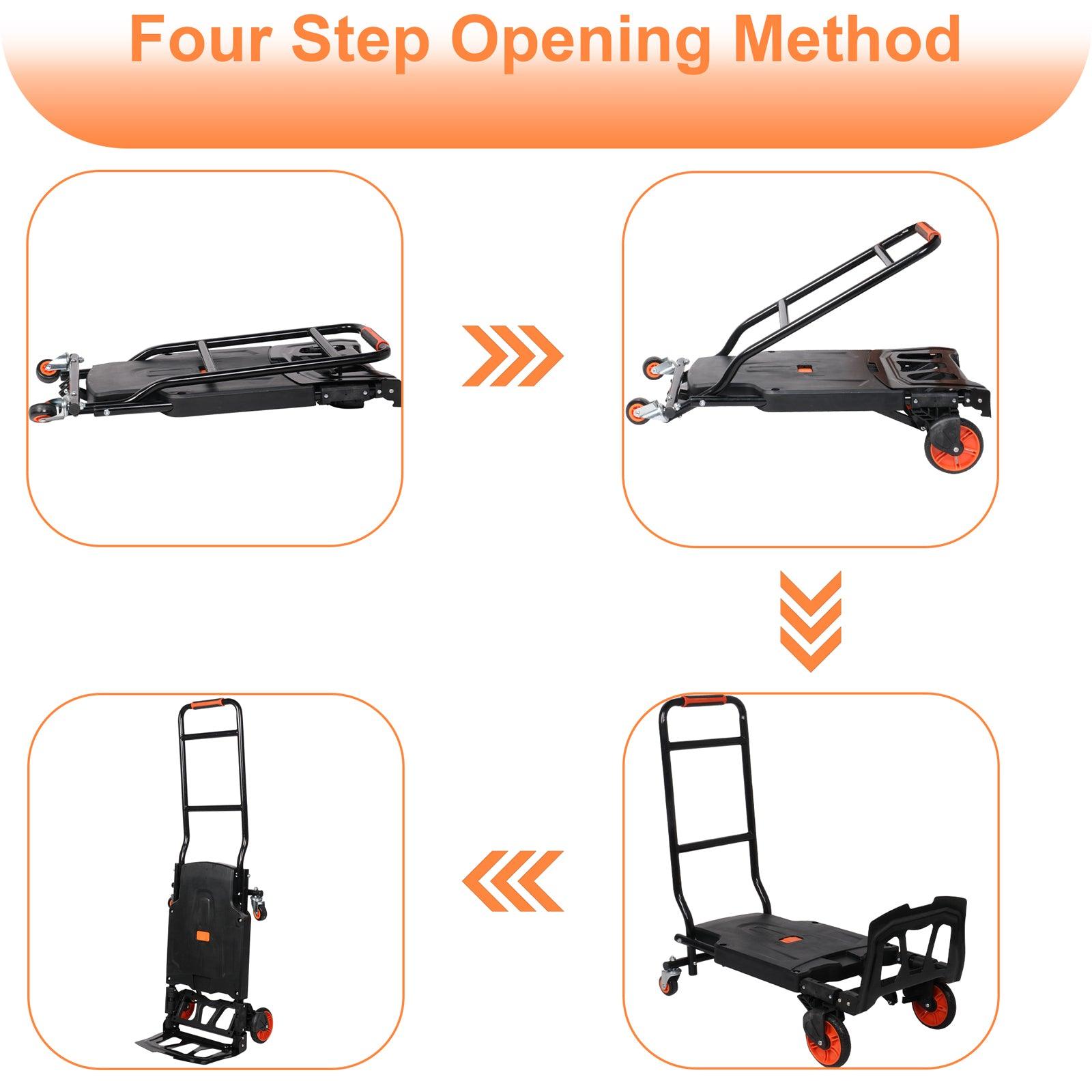 2 in 1 One-Button Folding Hand Truck Folding Portable Flatbed Dolly Cart with Secure Cord, 330lbs Capacity - Luckyermore