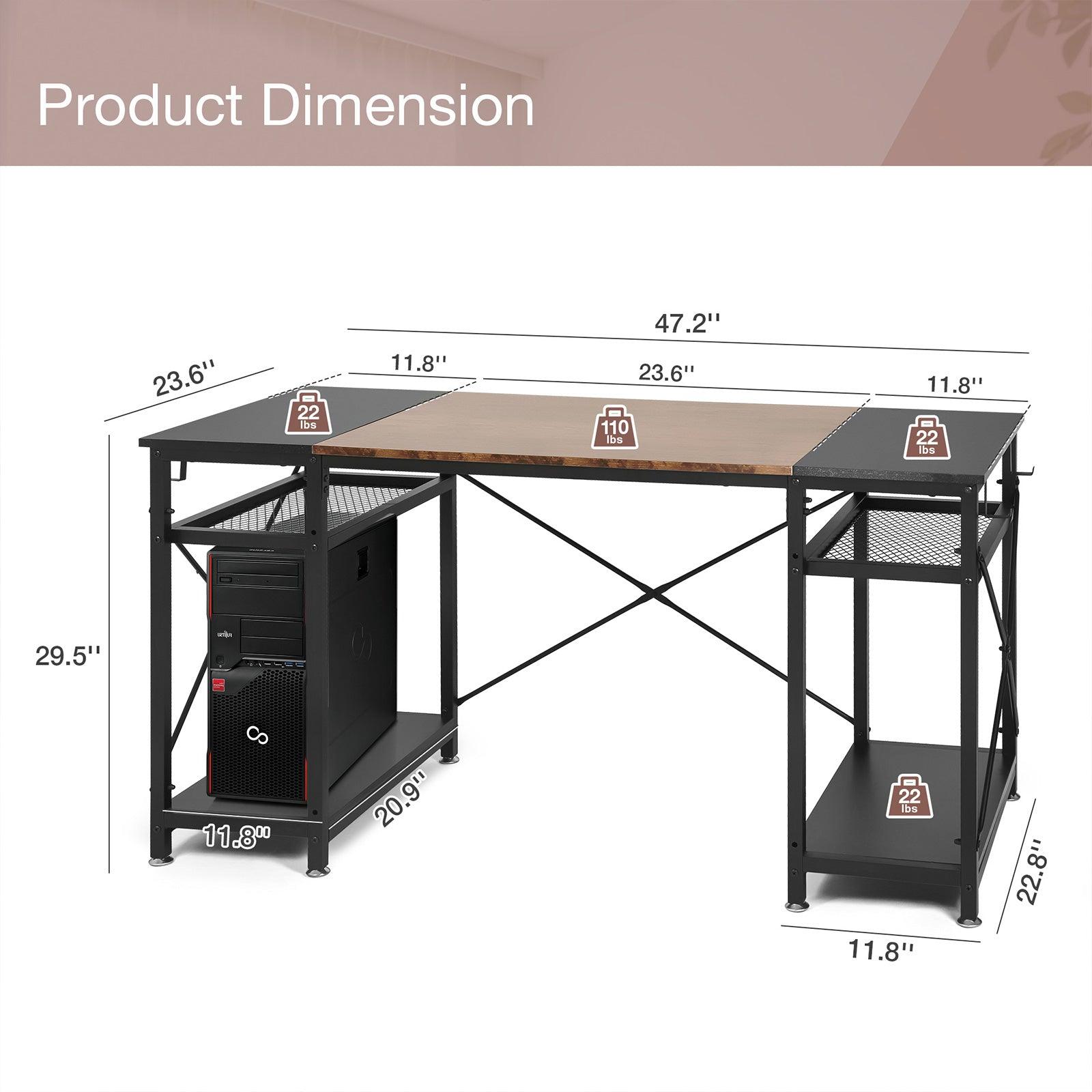 47.2" Home Office Computer Desk with Storage Shelves and 4 Hooks, Rustic and Black - Luckyermore