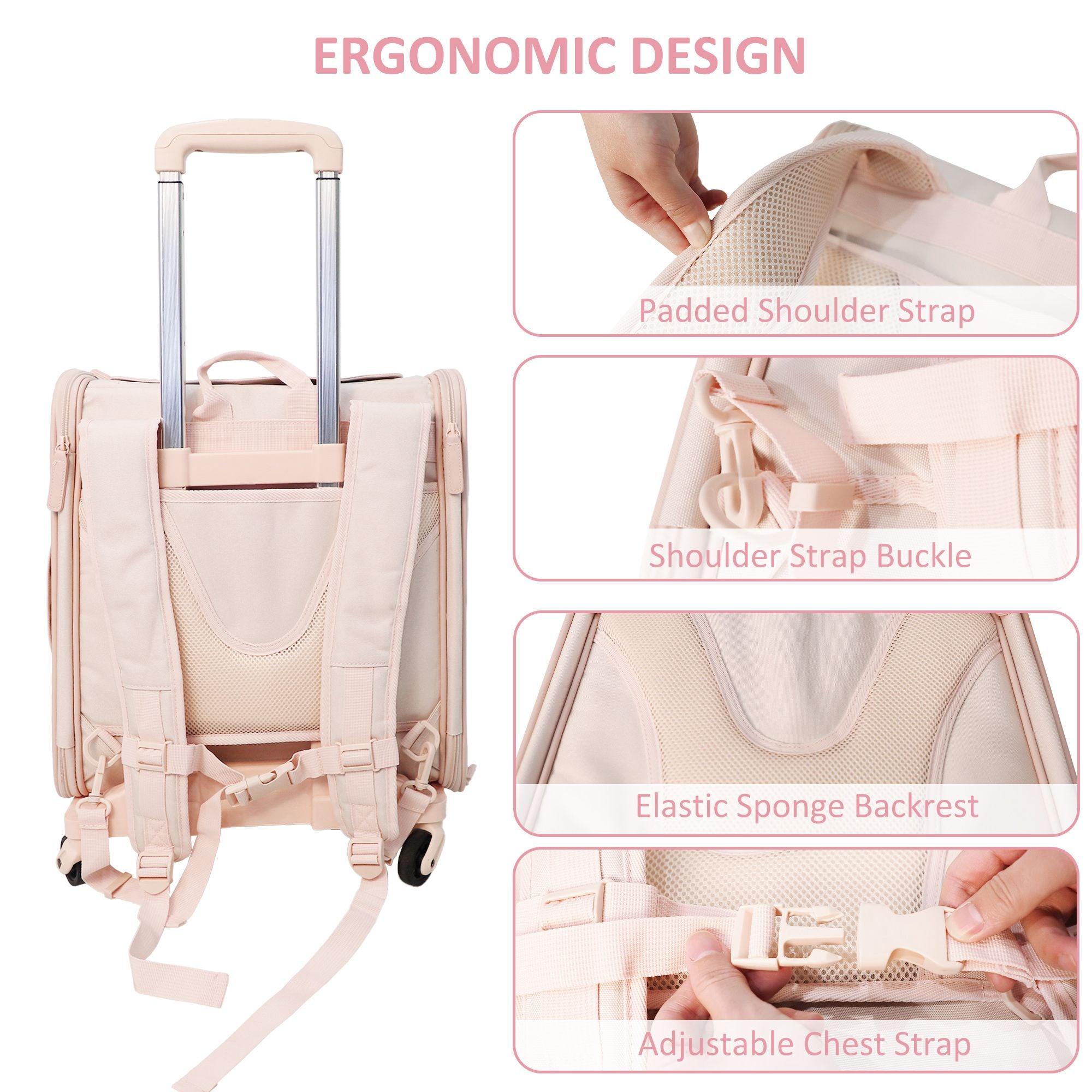 Pet Backpack with Wheels Dog Cat Travel Carrier Bag with Telescopic Handle, Pink - Luckyermore