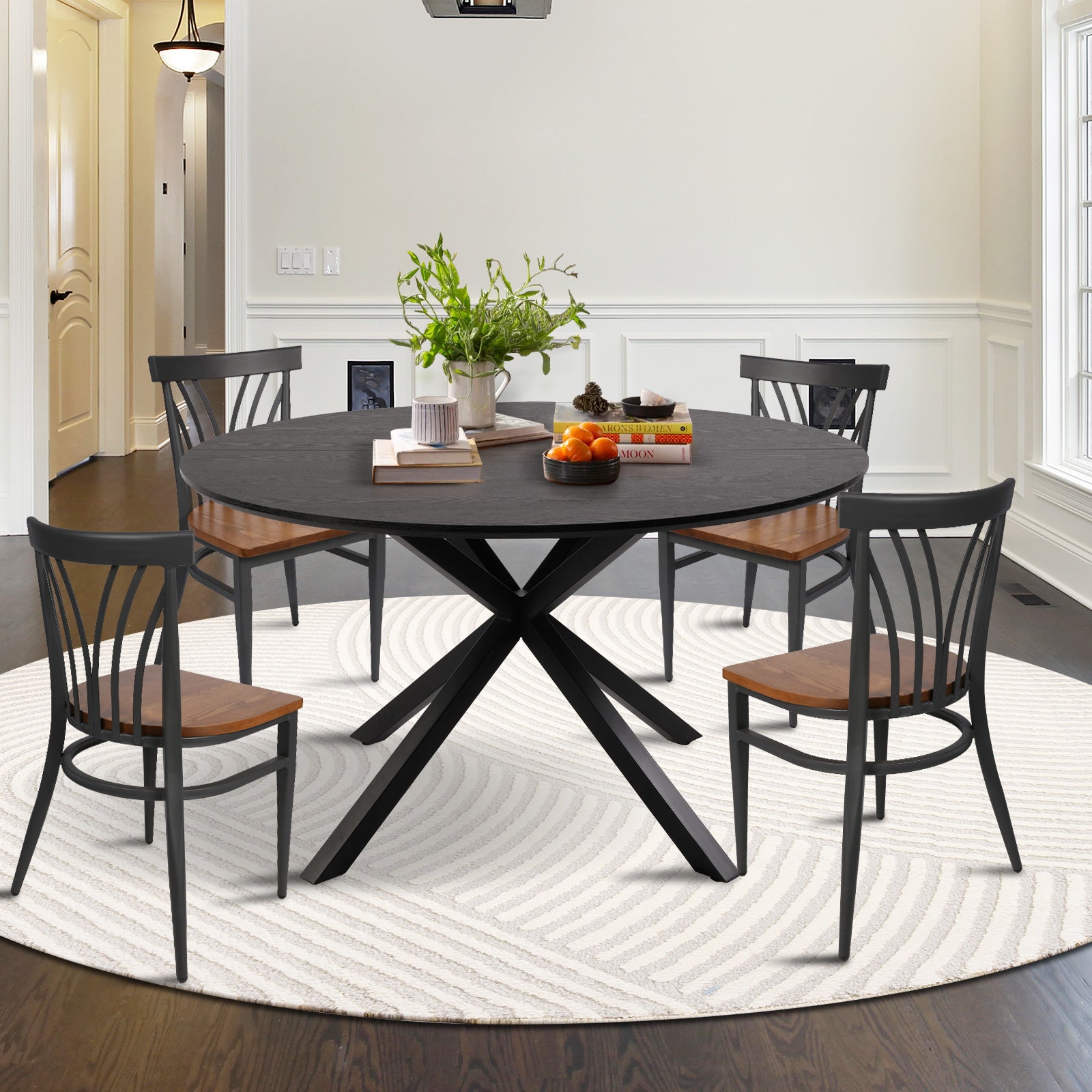 53" Round Mid-Century Modern Wooden Kitchen Dining Table for 4-6 with Solid Metal Leg, Black Wood Grain