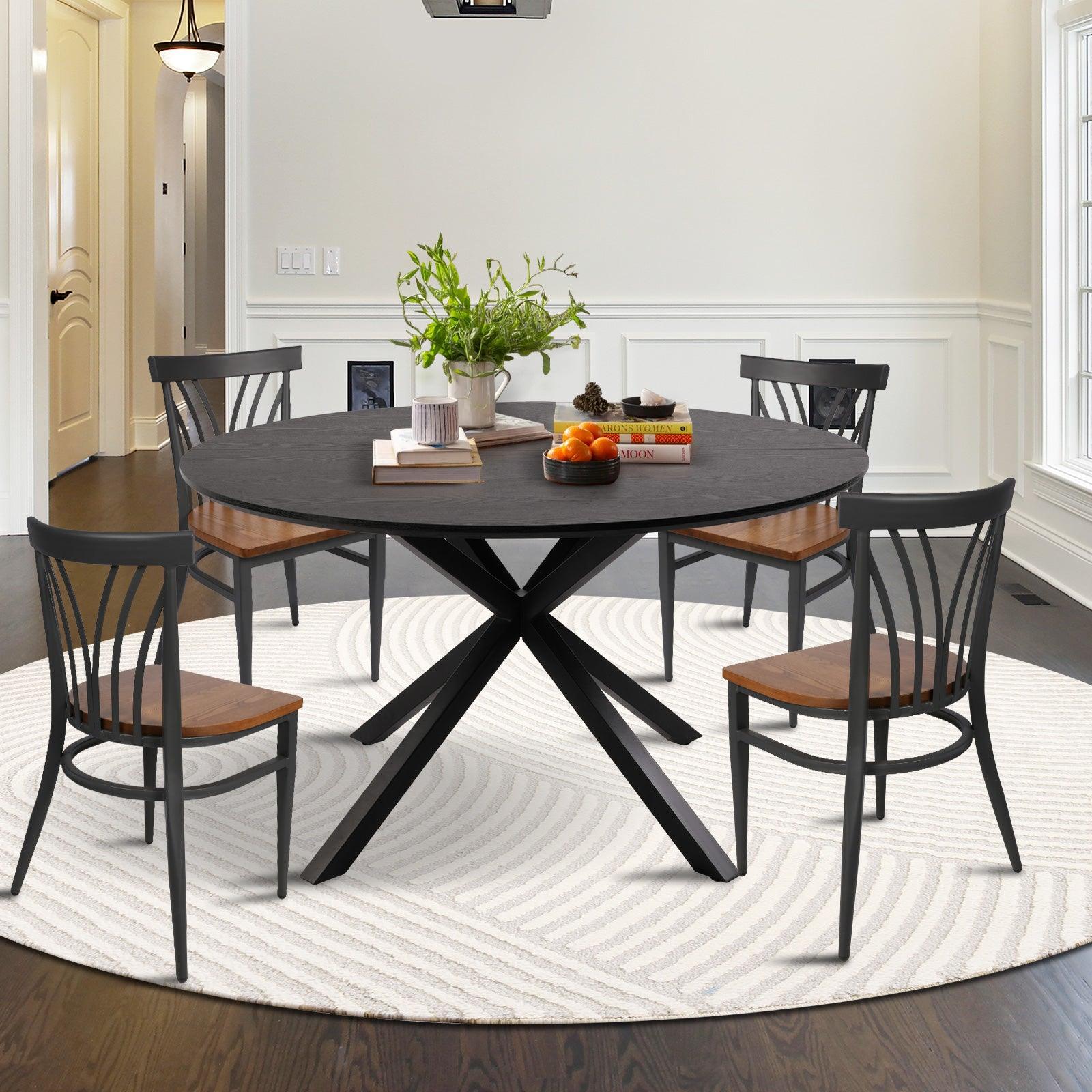 LUCKYERMORE 53" Round Mid-Century Modern Wooden Kitchen Dining Table for 4-6 with Solid Metal Leg, Black Wood Grain