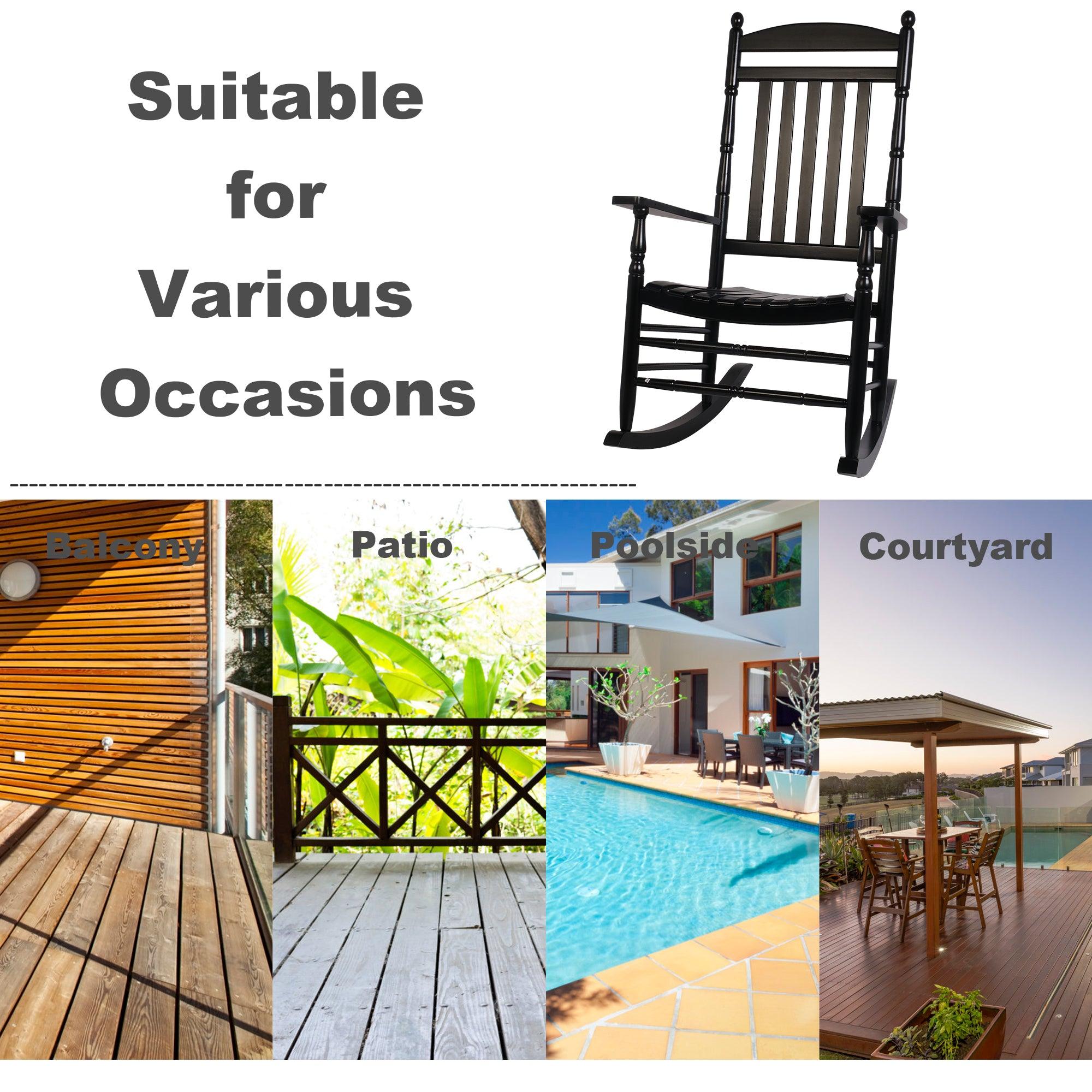 LUCKYERMORE Set of 2 Outdoor Rocking Chairs Wooden High Back Rocker with Armrest for Garden Patio, Black