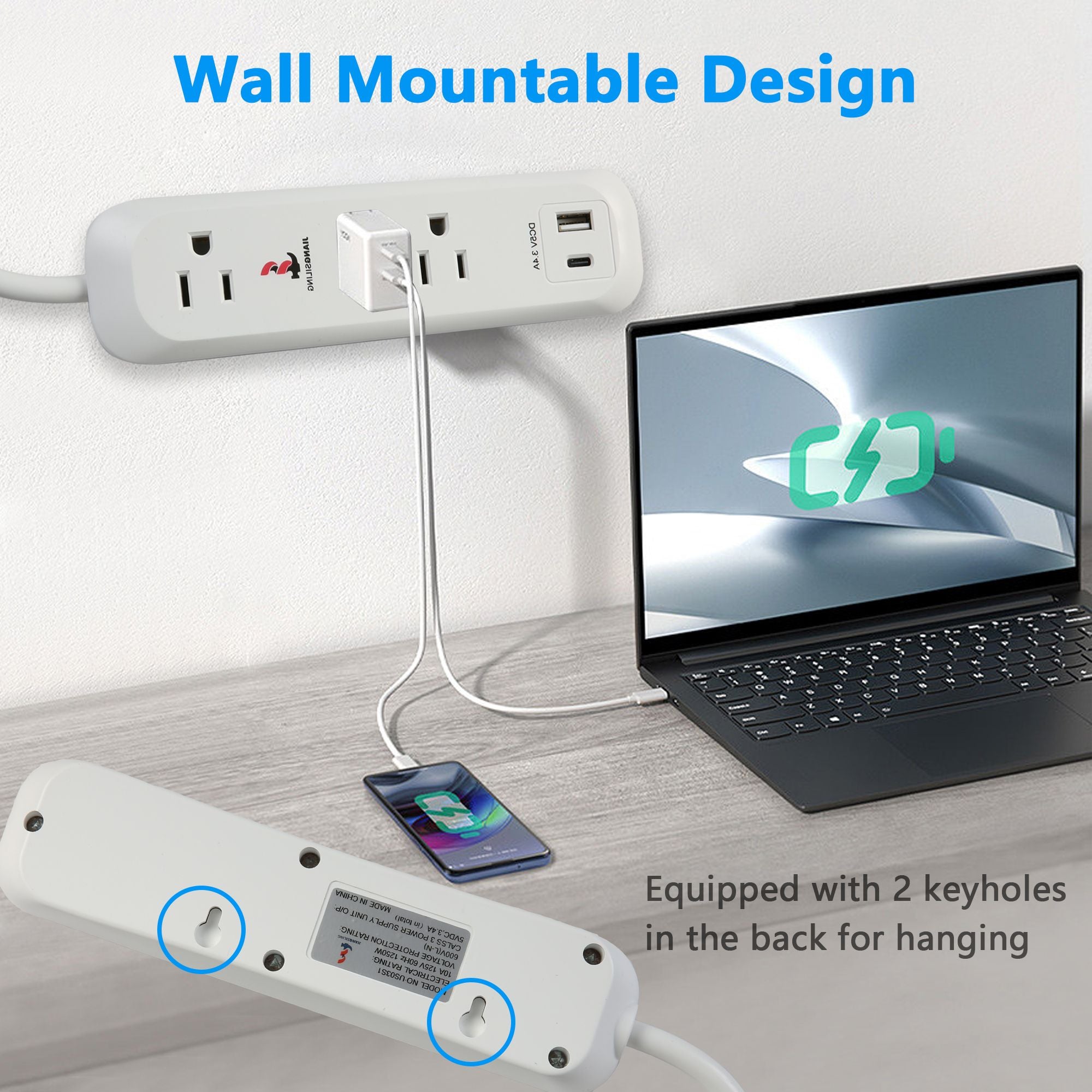 Set of 2 Power Strip 3 Outlet 1 USB Port 1 Type-C Port with Surge Protectorfor Office Home Travel