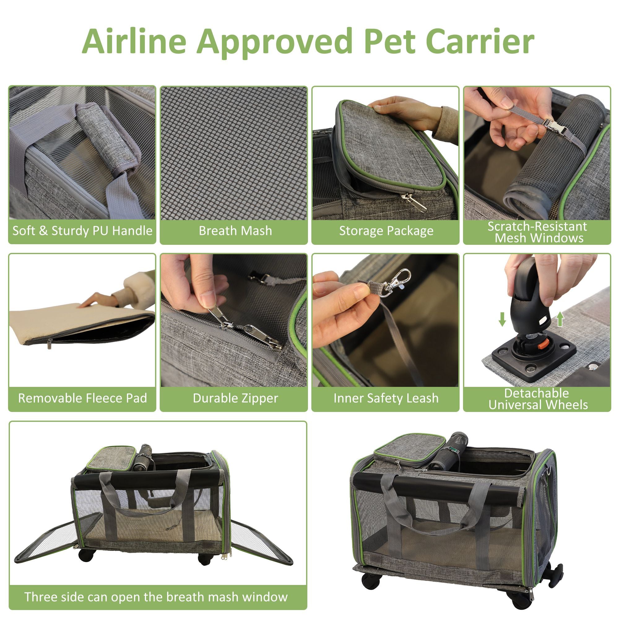 Folding Pet Carrier with Wheels Dog Cat Travel Carrier with Telescopic Handle, Gray