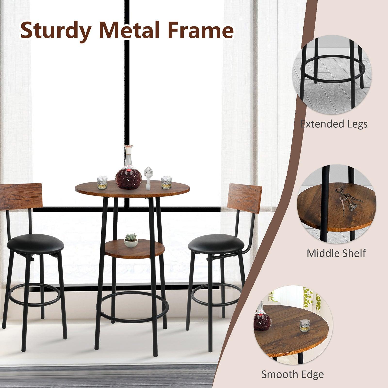 Round Bar Table Set, 2-Tier Table 23.6" for 2 with 2 Upholstered Bar Stools with Backrest