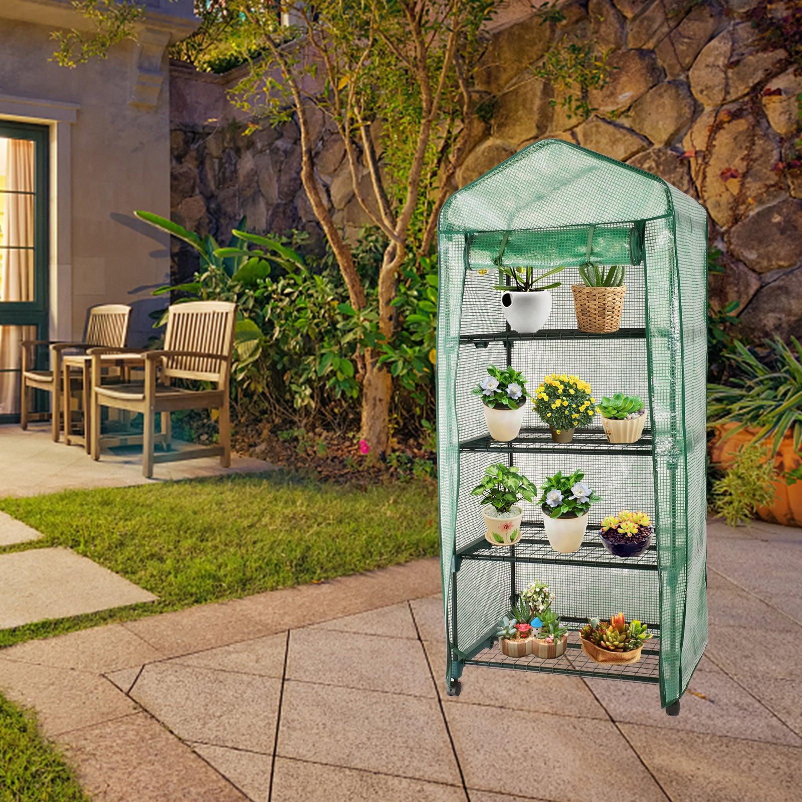 4 Tiers Mini Greenhouse with Caster Wheels Portable Outdoor Planter House - Luckyermore