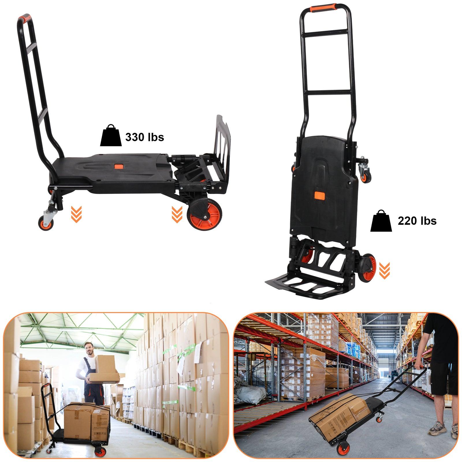 2 in 1 One-Button Folding Hand Truck Folding Portable Flatbed Dolly Cart with Secure Cord, 330lbs Capacity - Luckyermore