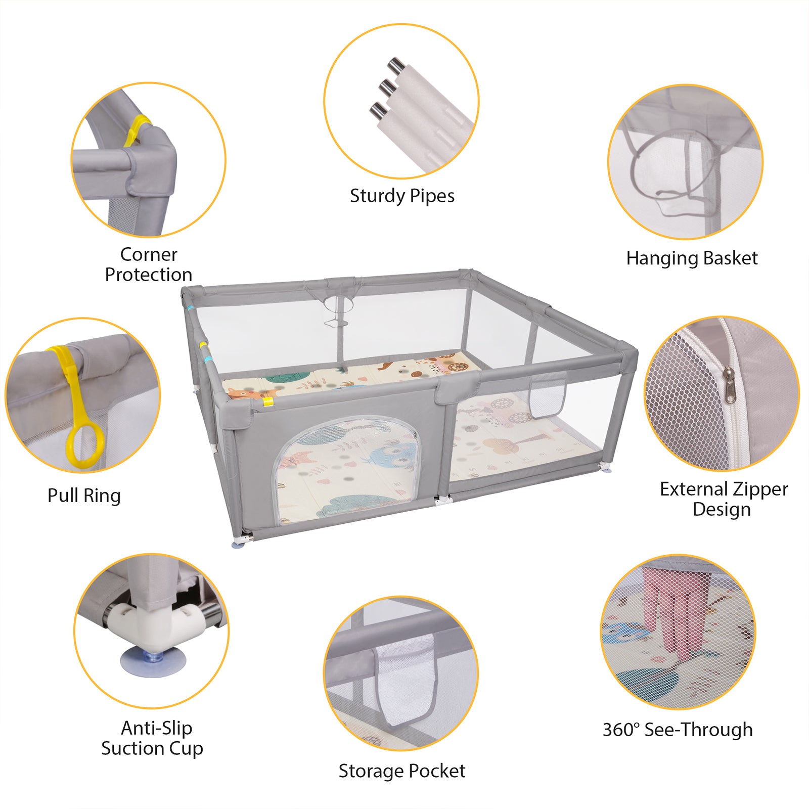 Baby Playpen with Mat Portable Play Pens Baby Play Yards with Breathable Mesh, Gray