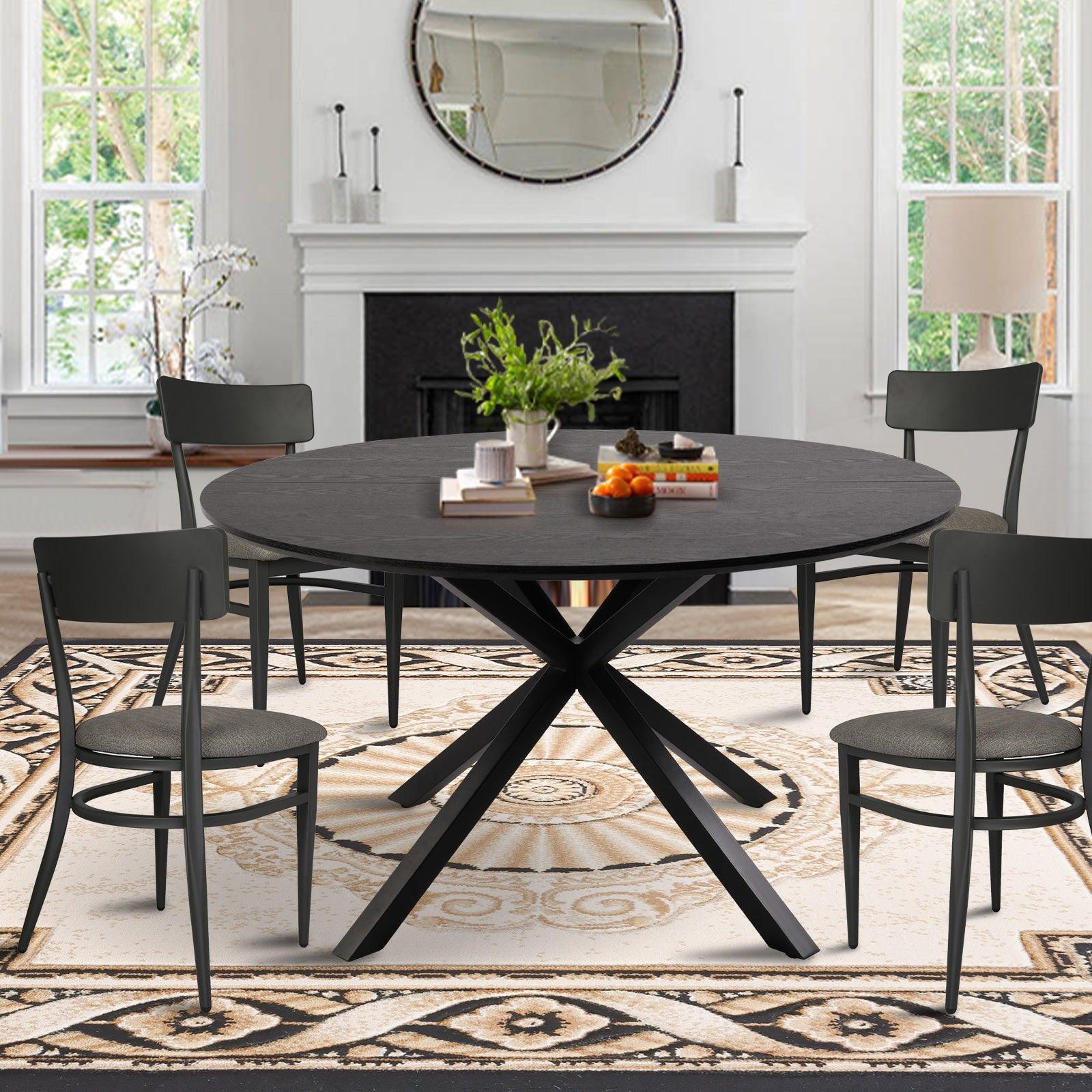 LUCKYERMORE 53" Round Mid-Century Modern Wooden Kitchen Dining Table for 4-6 with Solid Metal Leg, Black Wood Grain