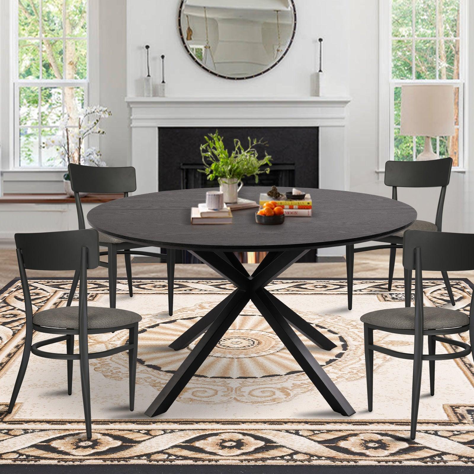 53" Round Mid-Century Modern Wooden Kitchen Dining Table for 4-6 with Solid Metal Leg, Black Wood Grain