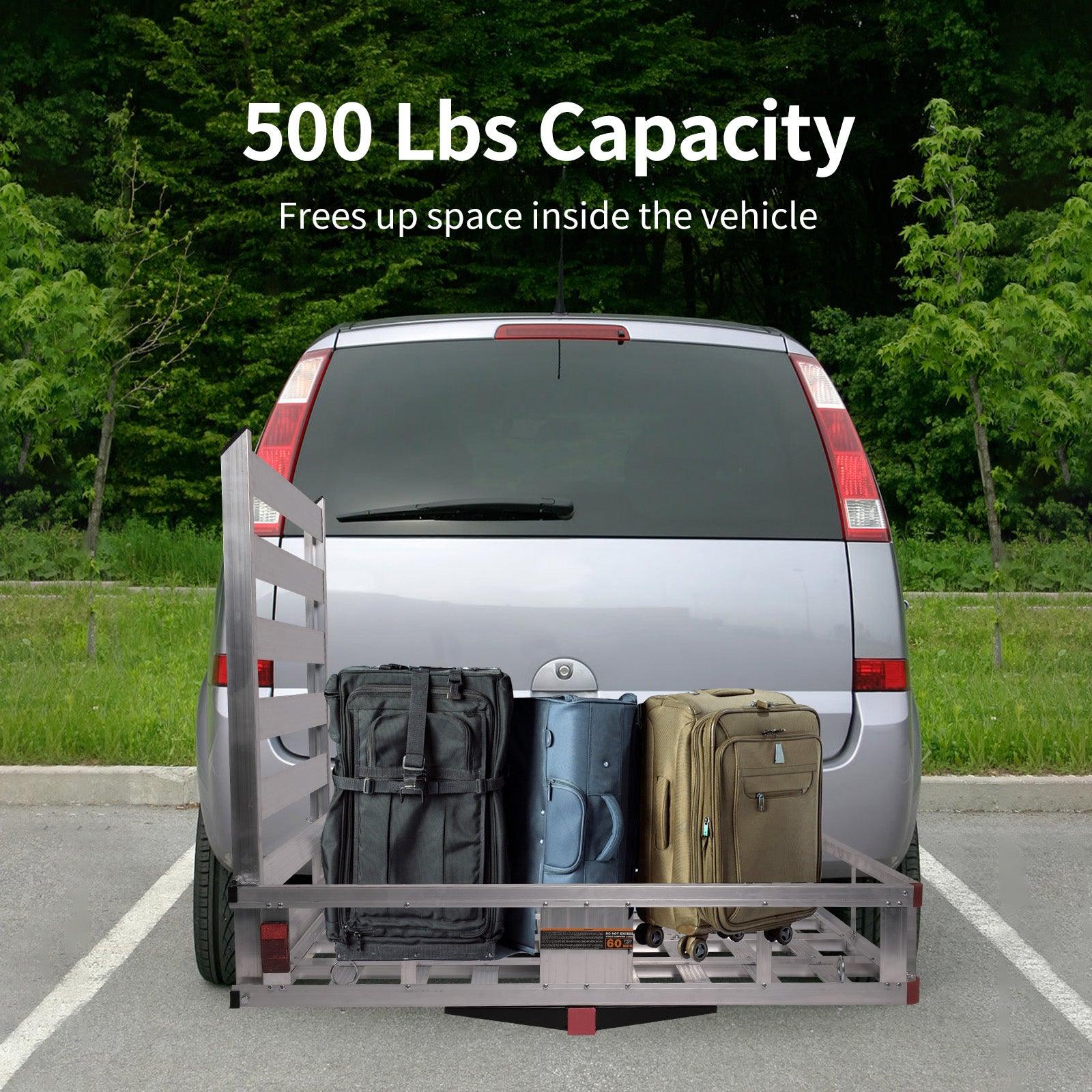 LUCKYERMORE 50"x 29.7" Hitch Mount Cargo Carrier Trailer Aluminum Utility Basket with 41.5" Folding Wheelchair Ramp, Silver